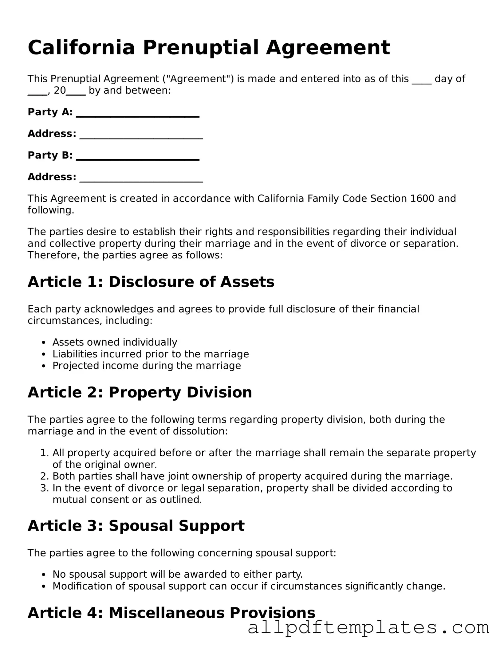 Blank Prenuptial Agreement Document for California State