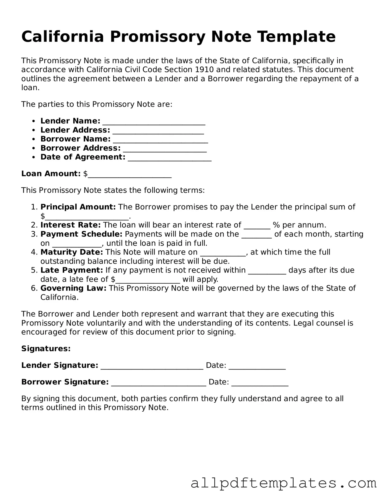 Blank Promissory Note Document for California State