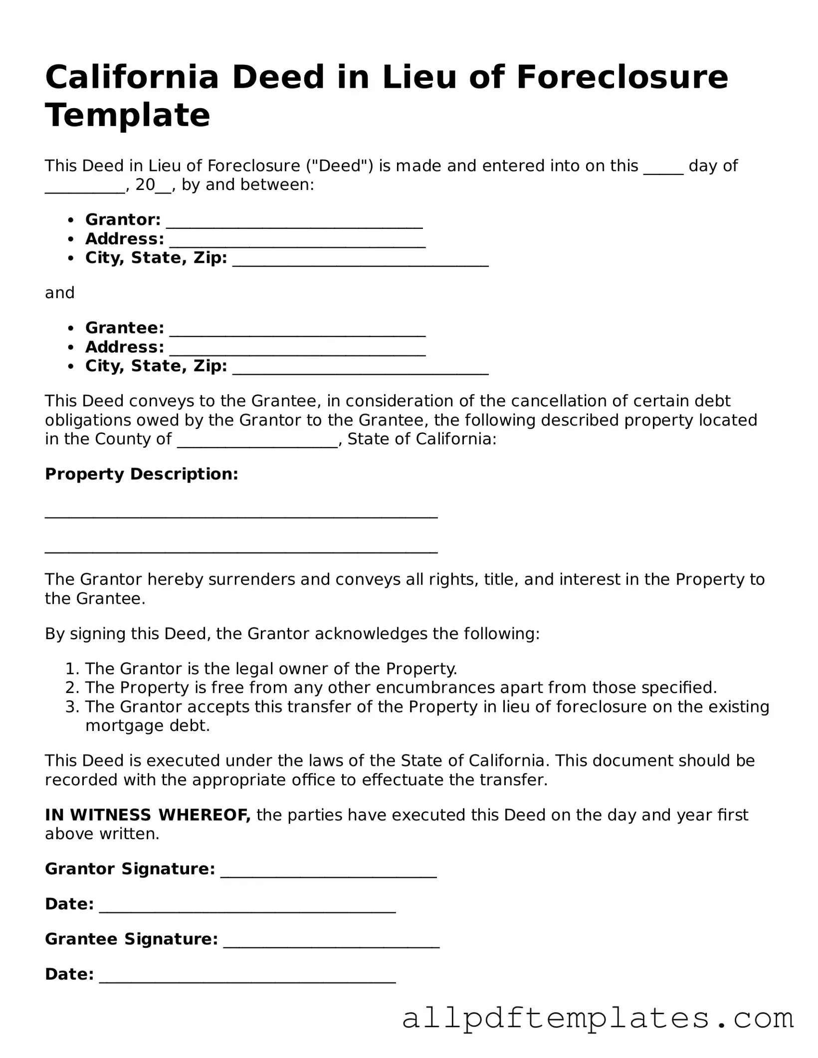 Blank Deed in Lieu of Foreclosure Document for California State