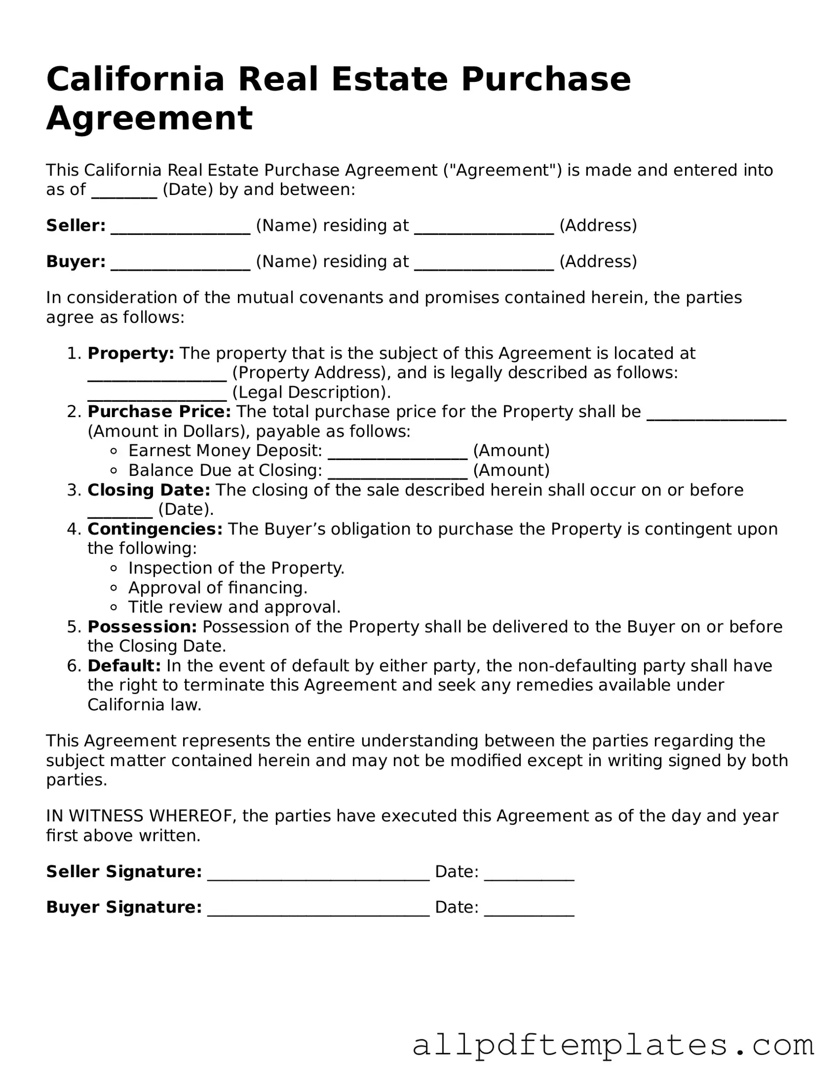 Blank Real Estate Purchase Agreement Document for California State