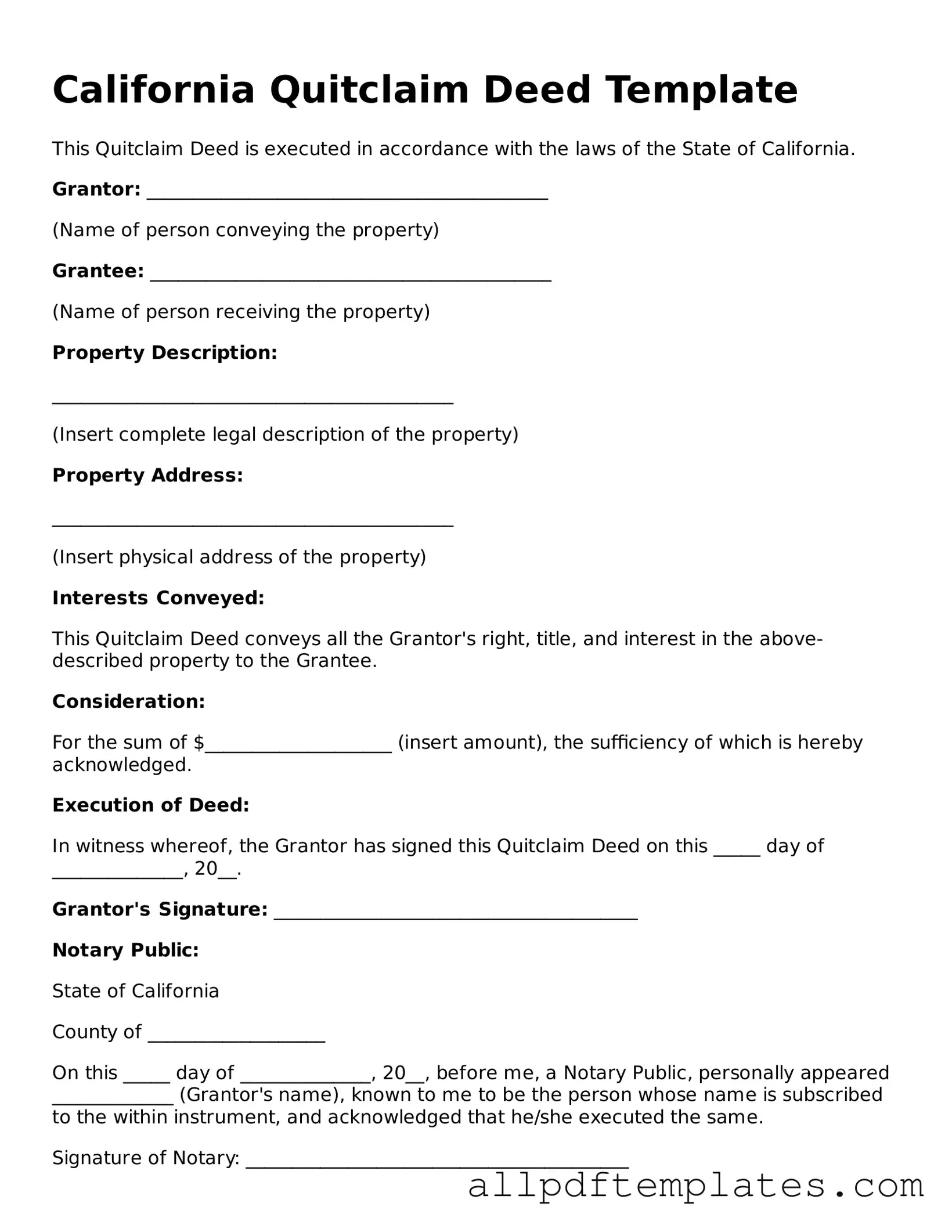 Blank Quitclaim Deed Document for California State