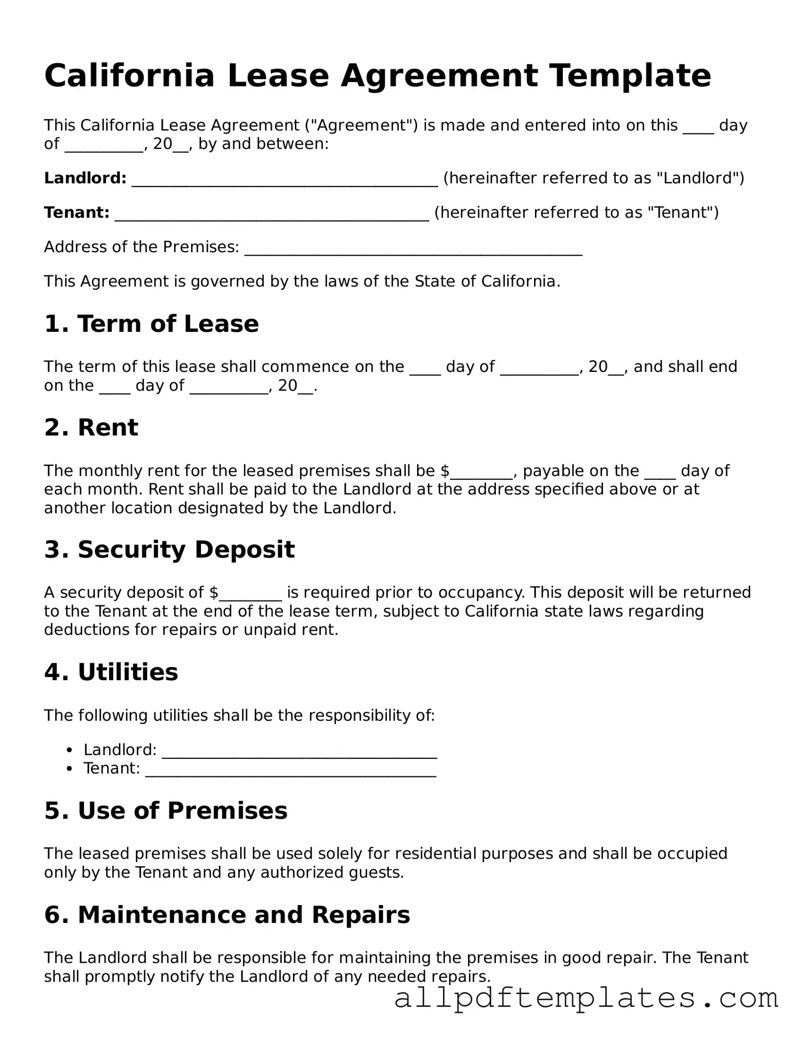 Blank Lease Agreement Document for California State