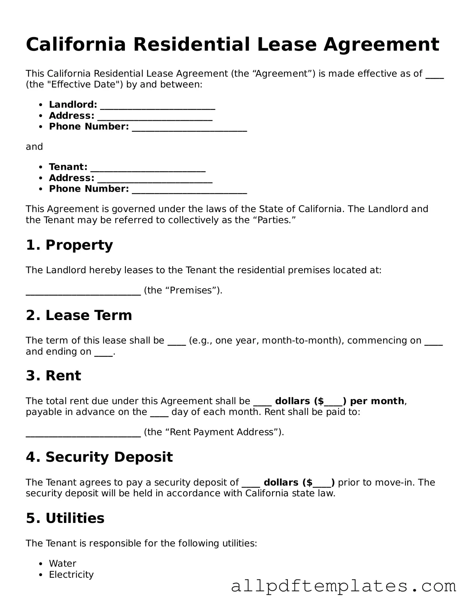 Blank Residential Lease Agreement Document for California State