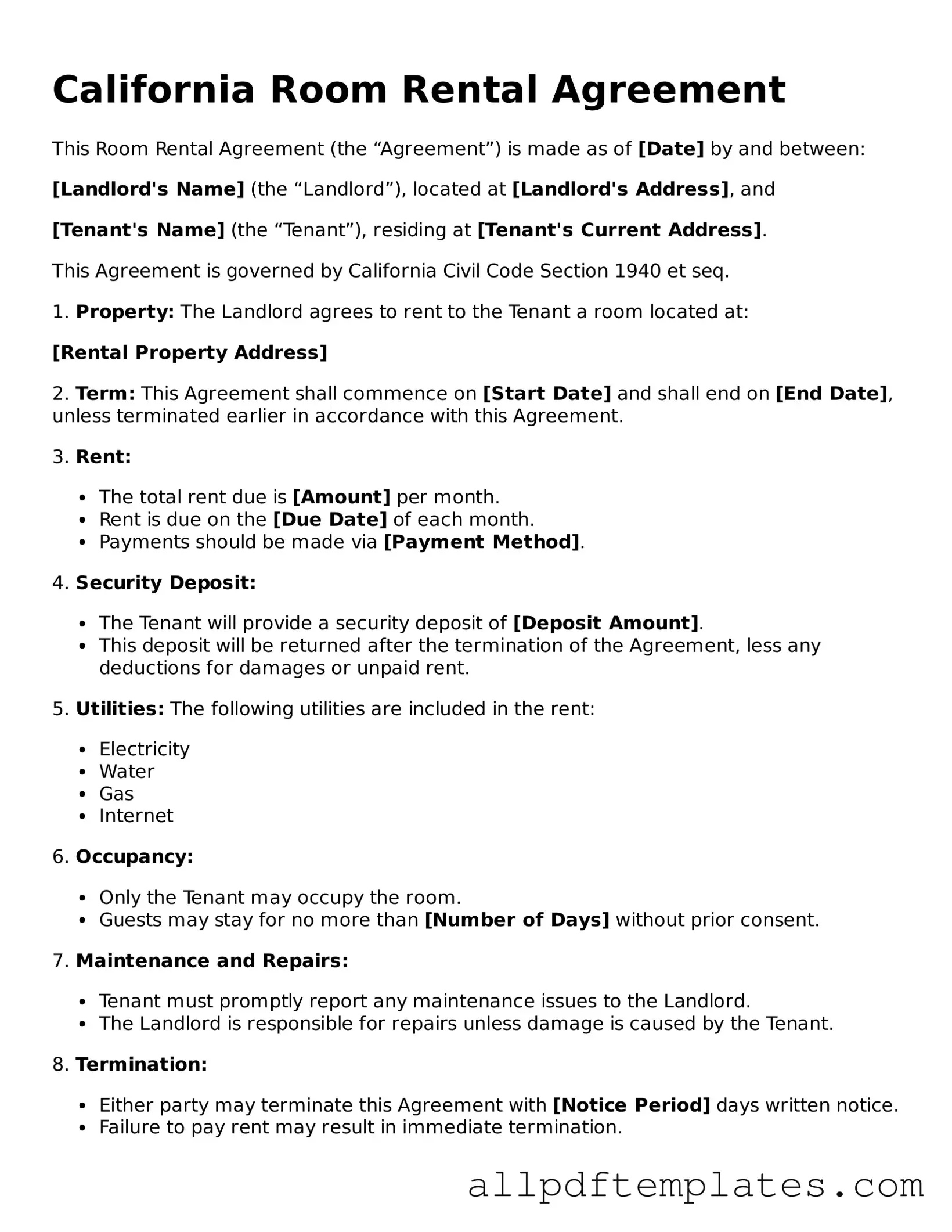 Blank Room Rental Agreement Document for California State