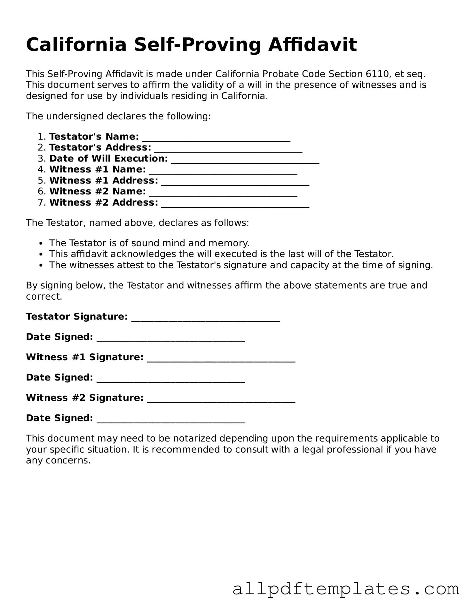 Blank Self-Proving Affidavit Document for California State