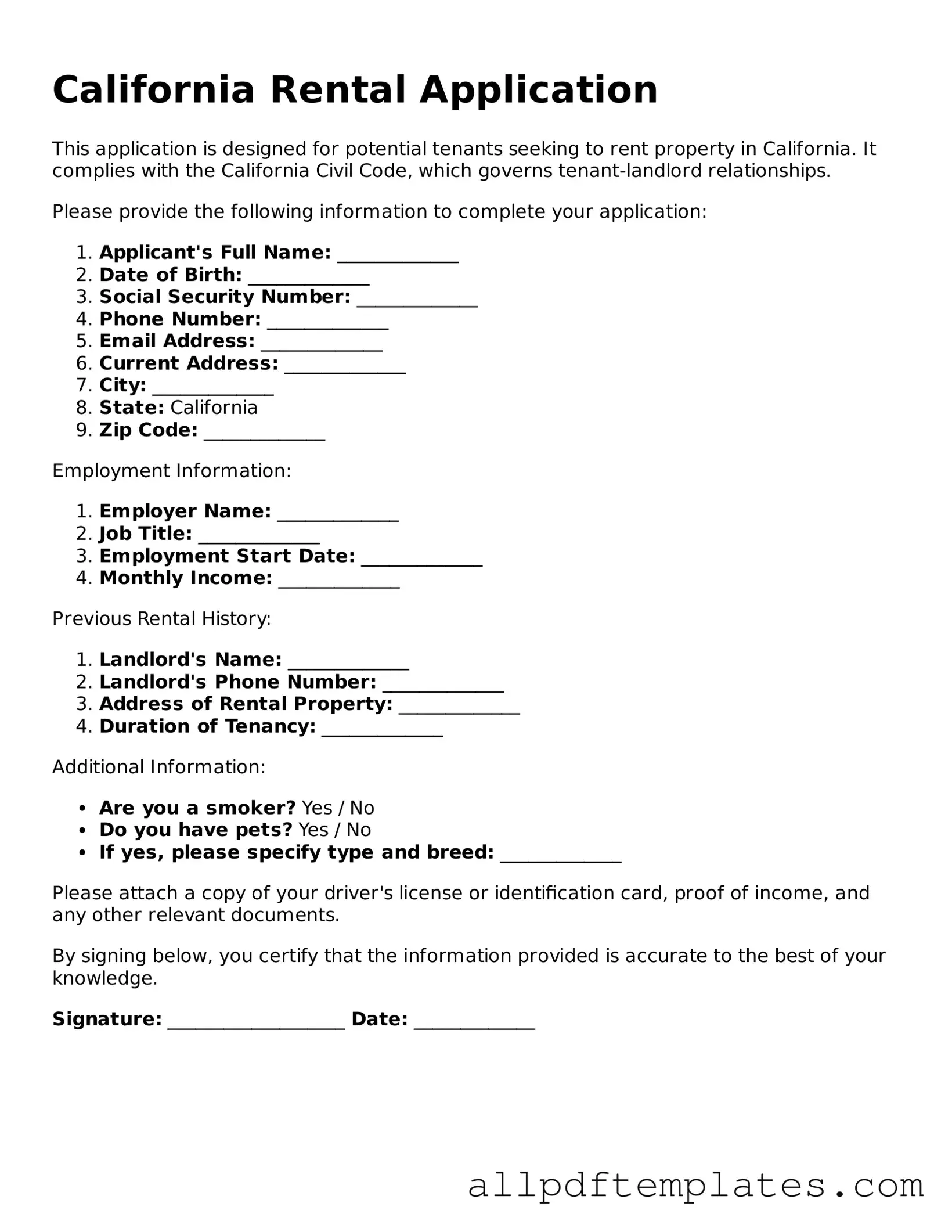Blank Rental Application Document for California State