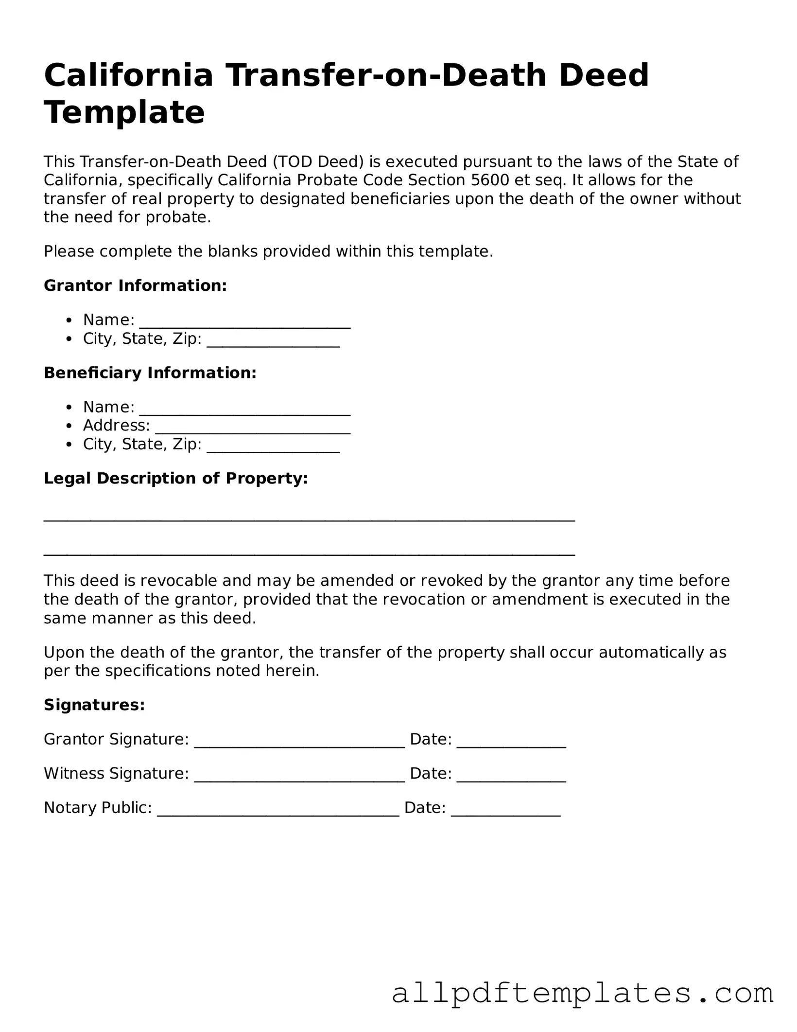 Blank Transfer-on-Death Deed Document for California State