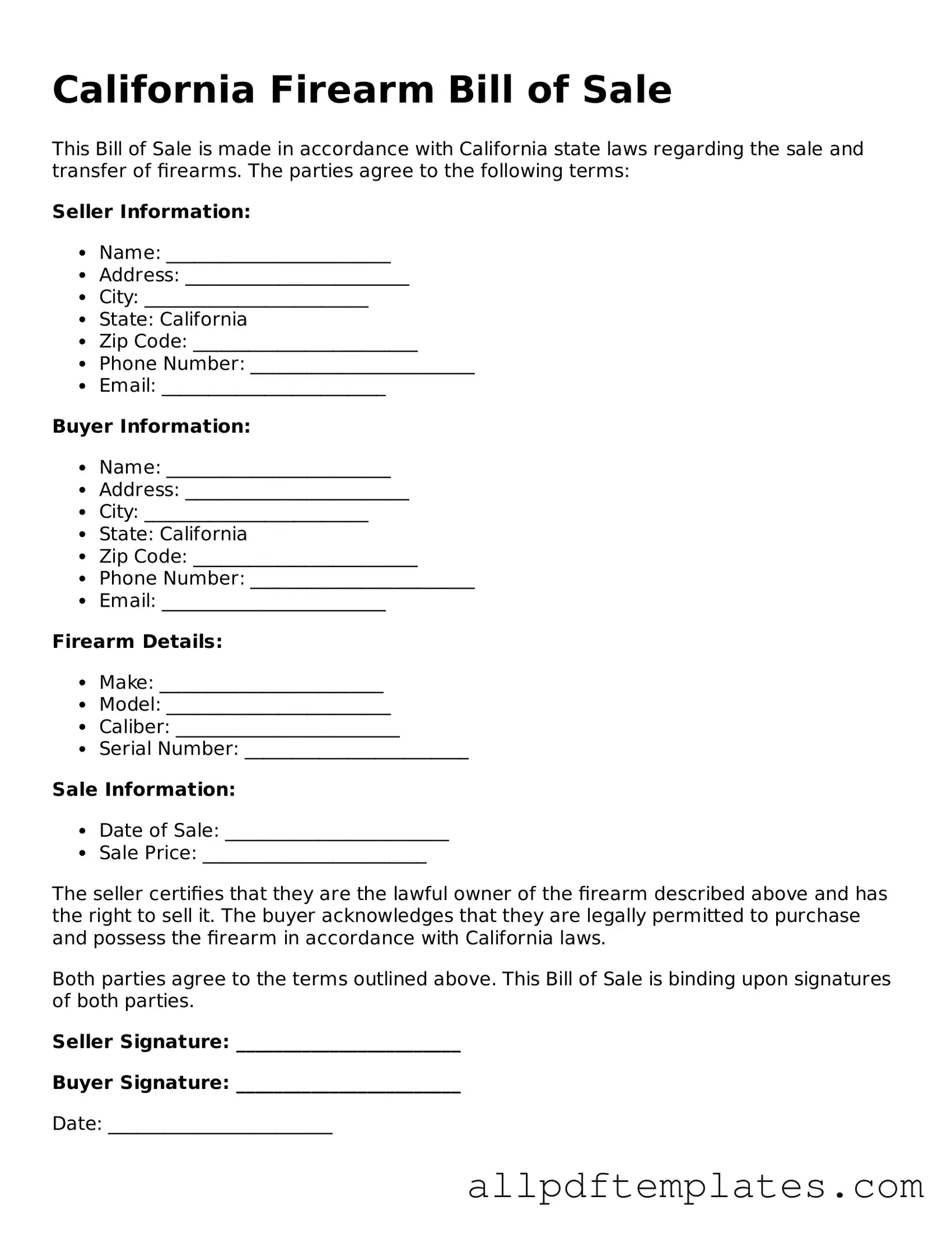 Blank Firearm Bill of Sale Document for California State