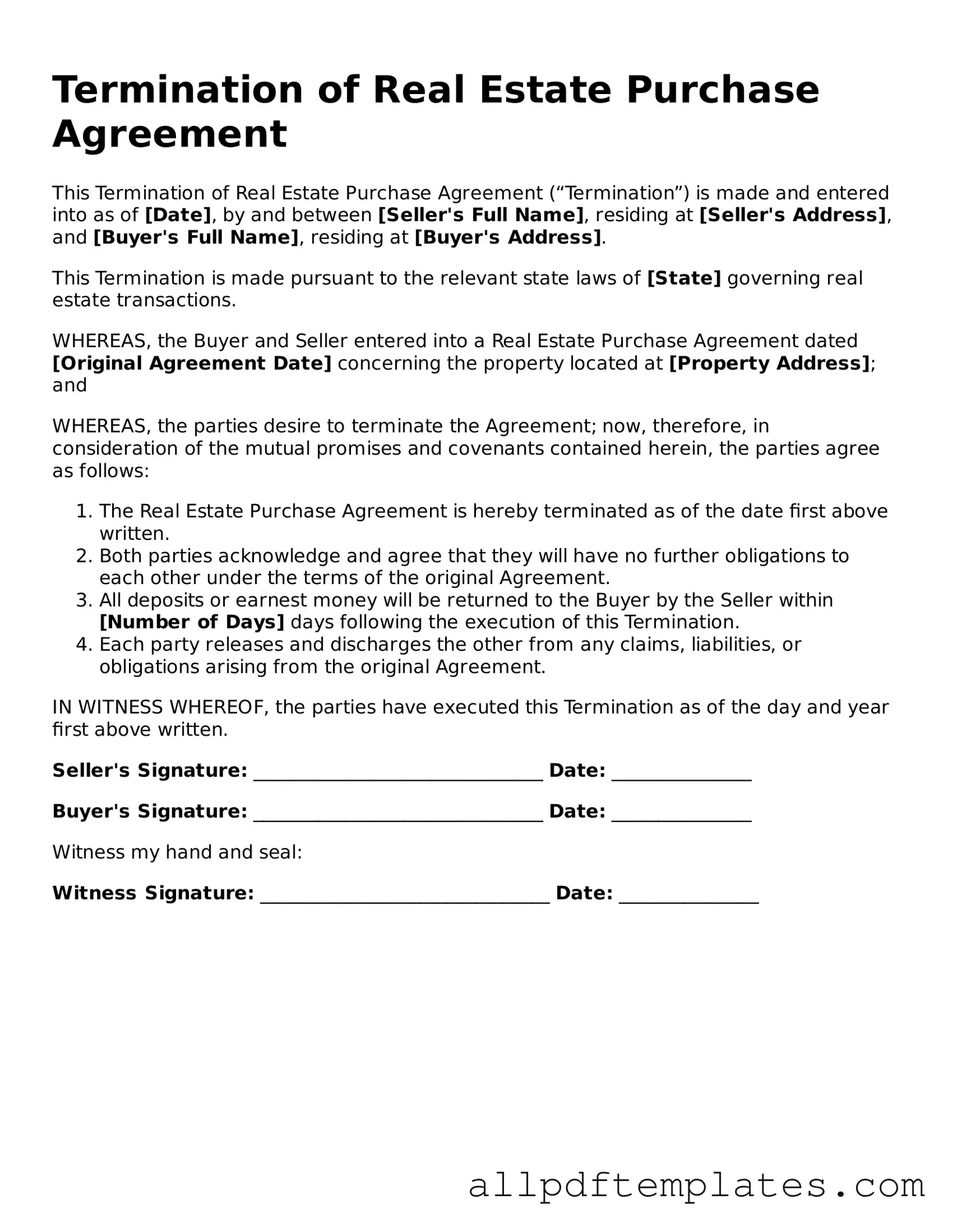 Free Termination of Real Estate Purchase Agreement Template