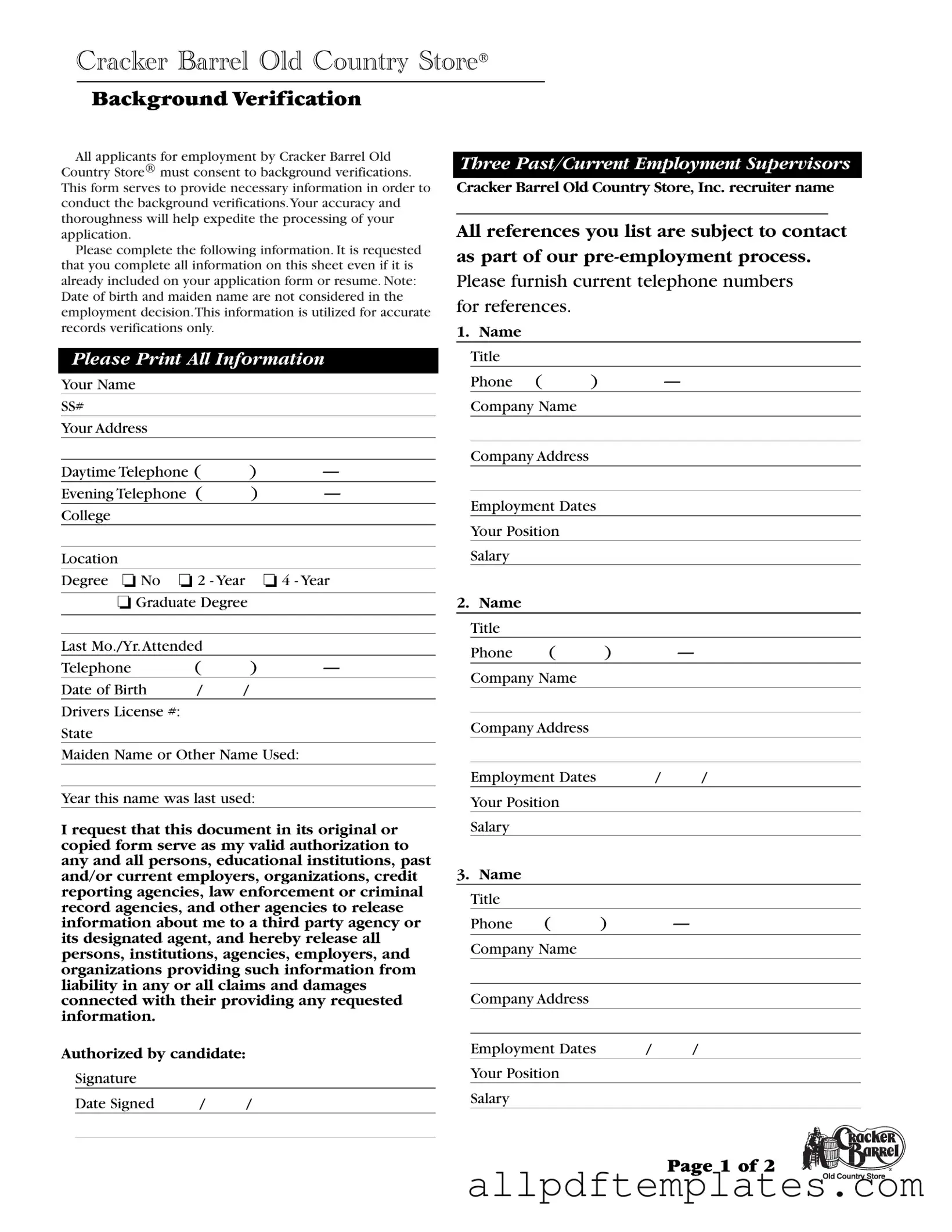 Get Cracker Barrel Background Check Form in PDF