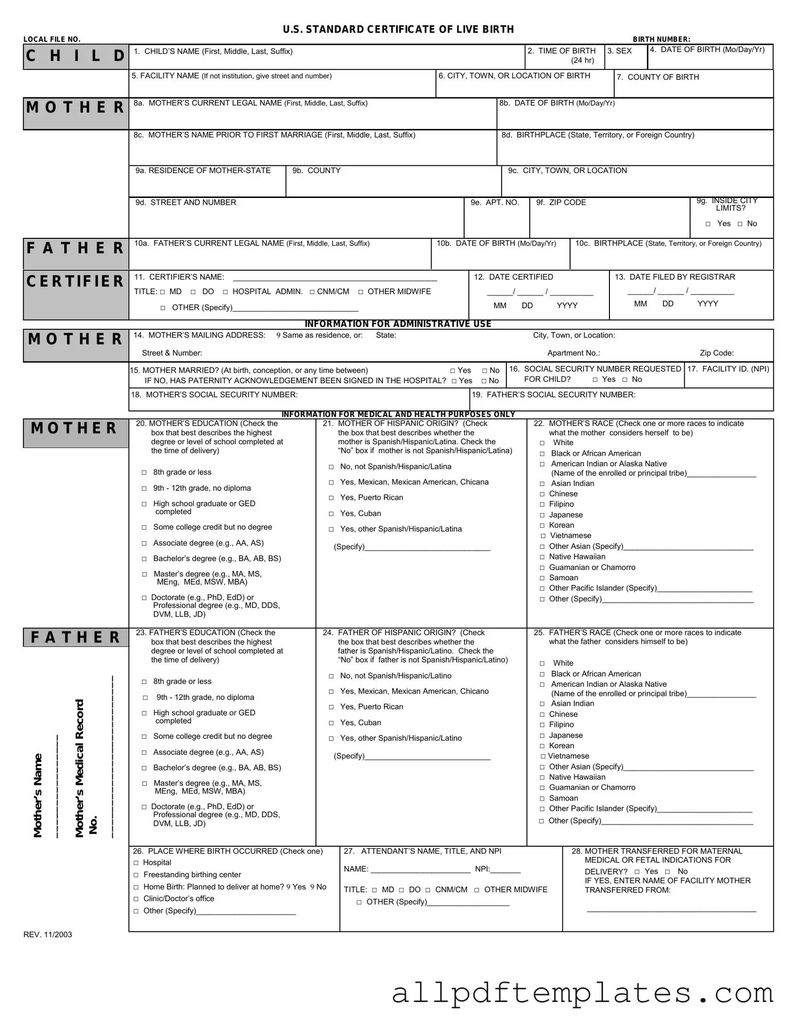Get CDC U.S. Standard Certificate of Live Birth Form in PDF