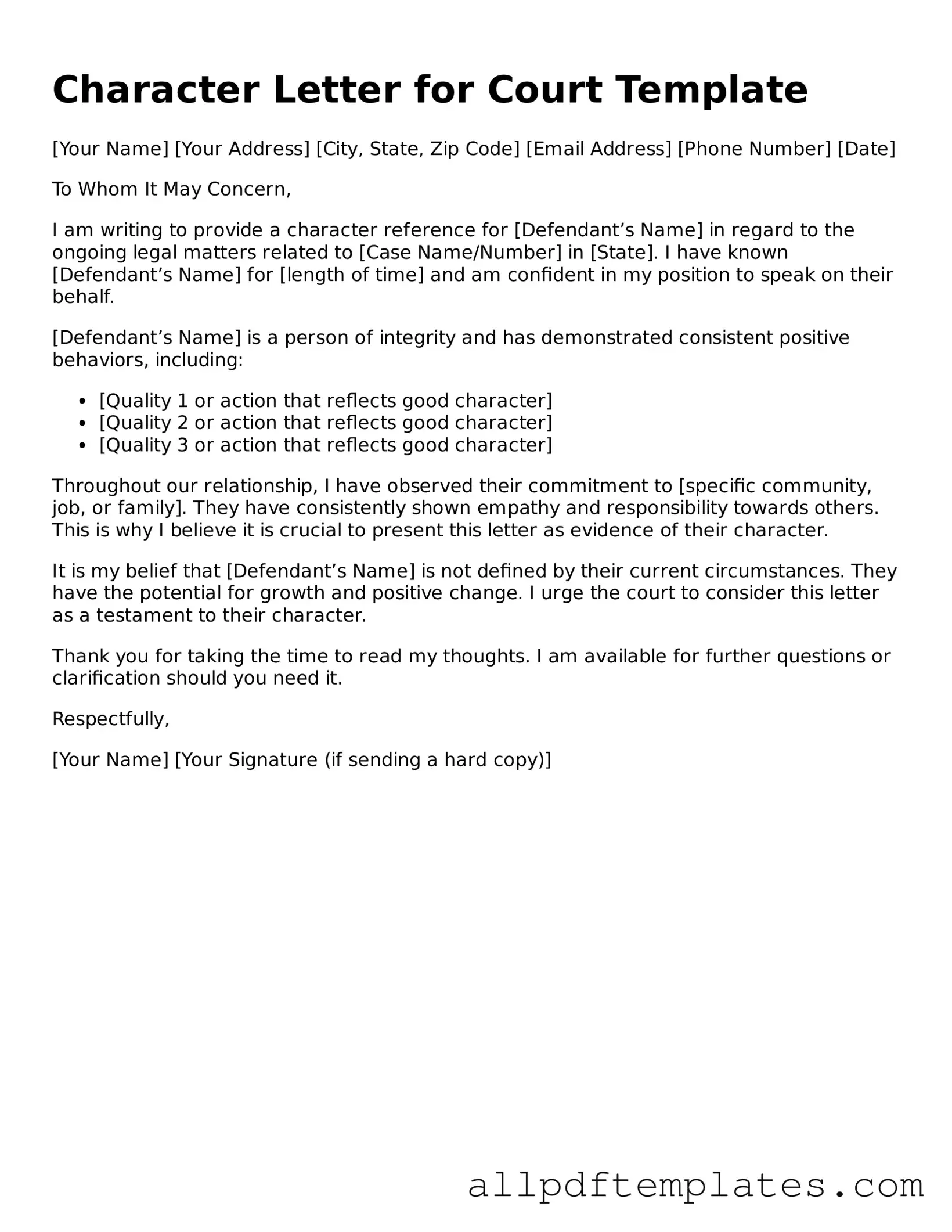 Free Character Letter for Court Template