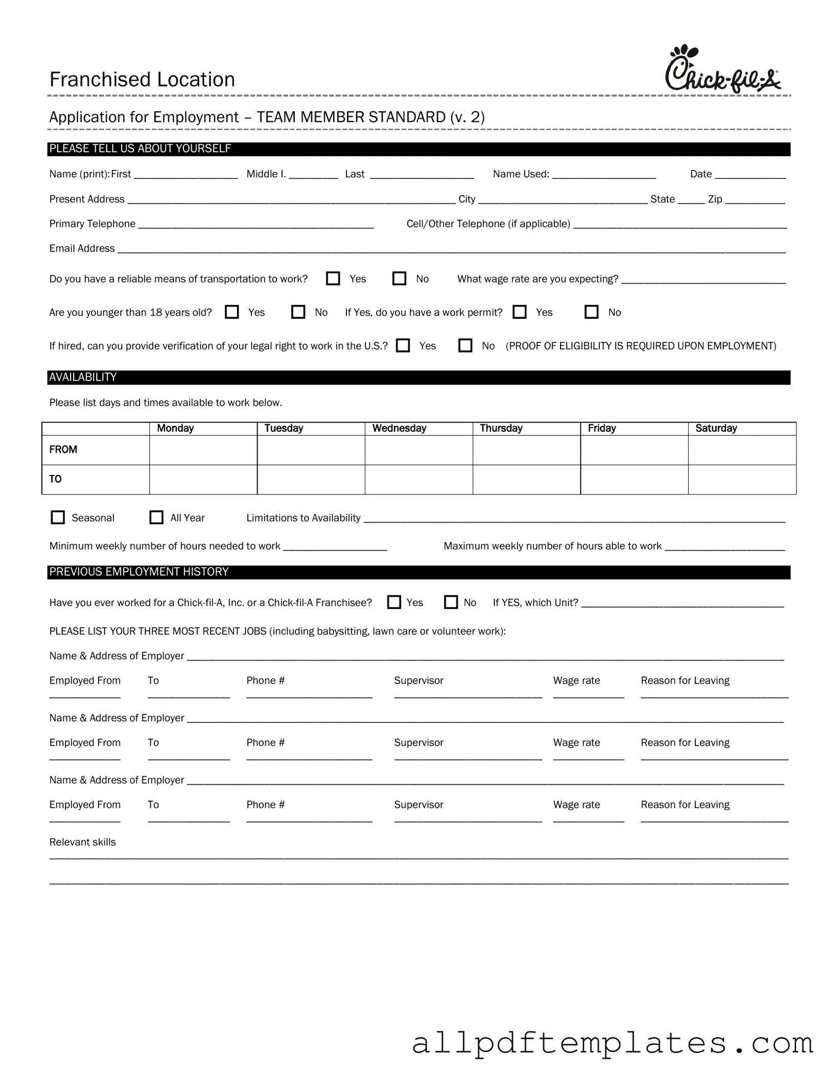 Get Chick Fil A Job Application Form in PDF