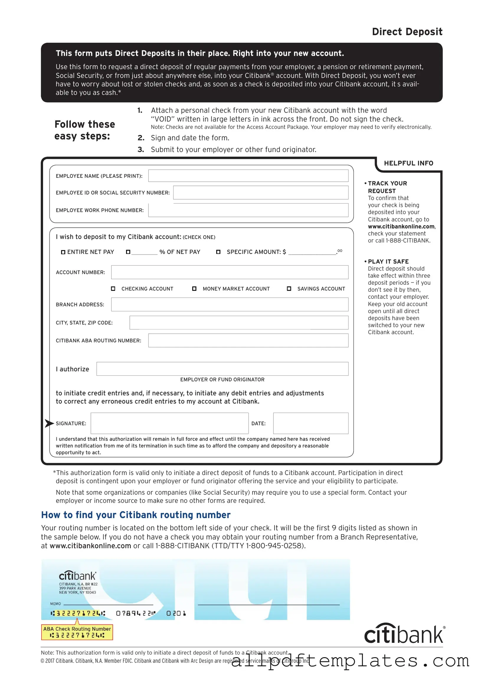 Get Citibank Direct Deposit Form in PDF