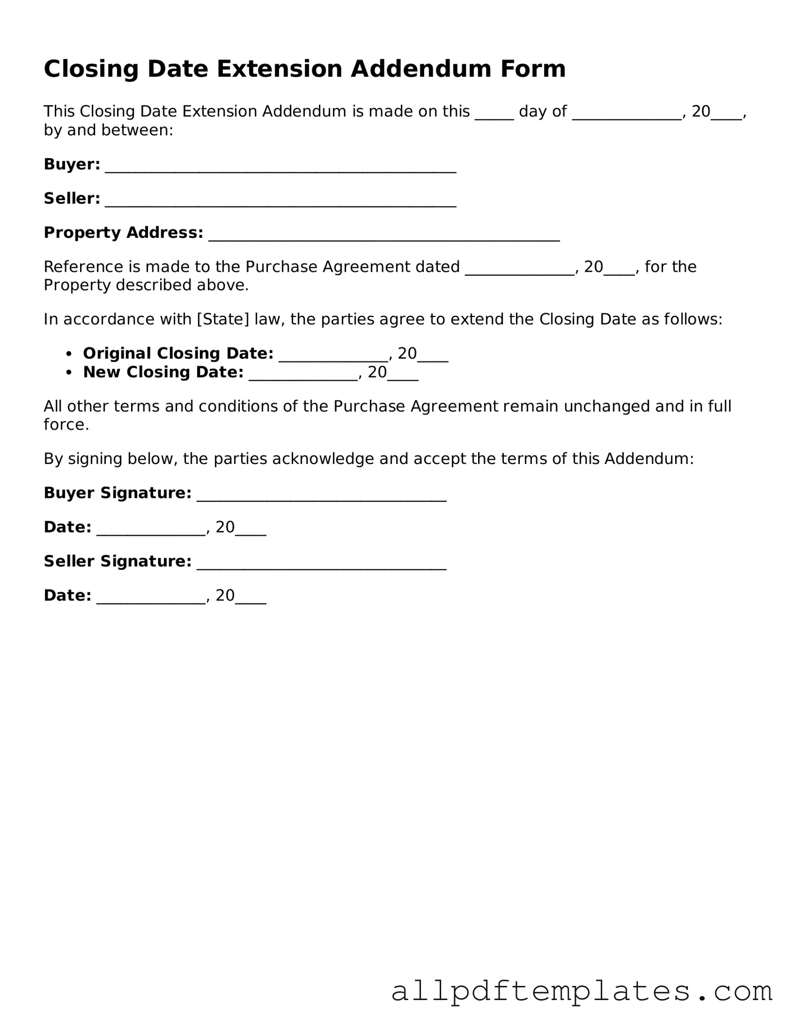 Free Closing Date Extension Addendum Form Template