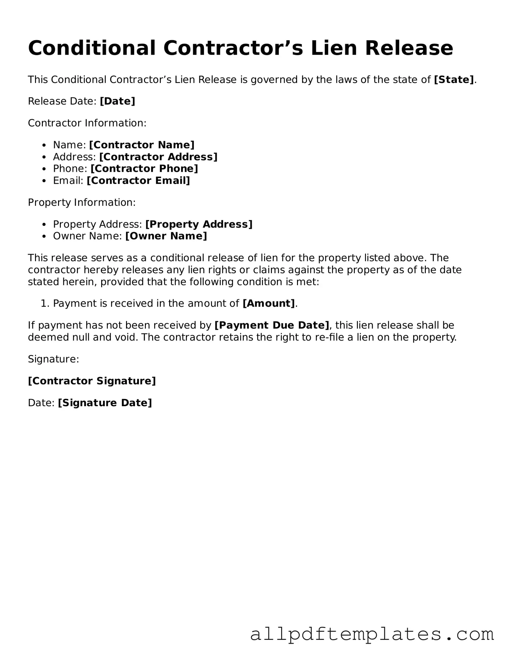 Free Conditional Contractor’s Lien Release Template
