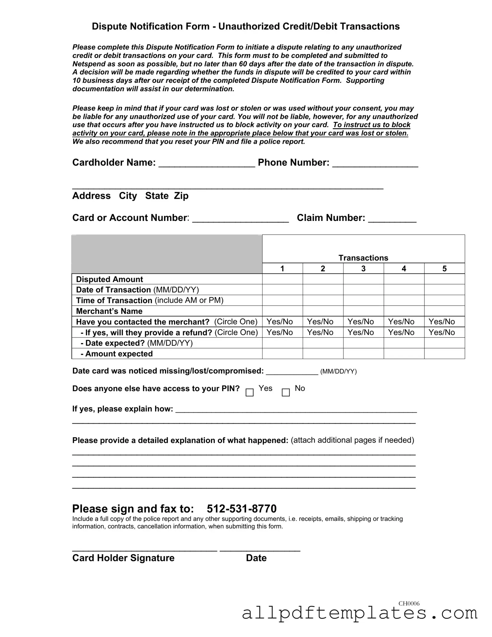 Get Netspend Dispute Form in PDF