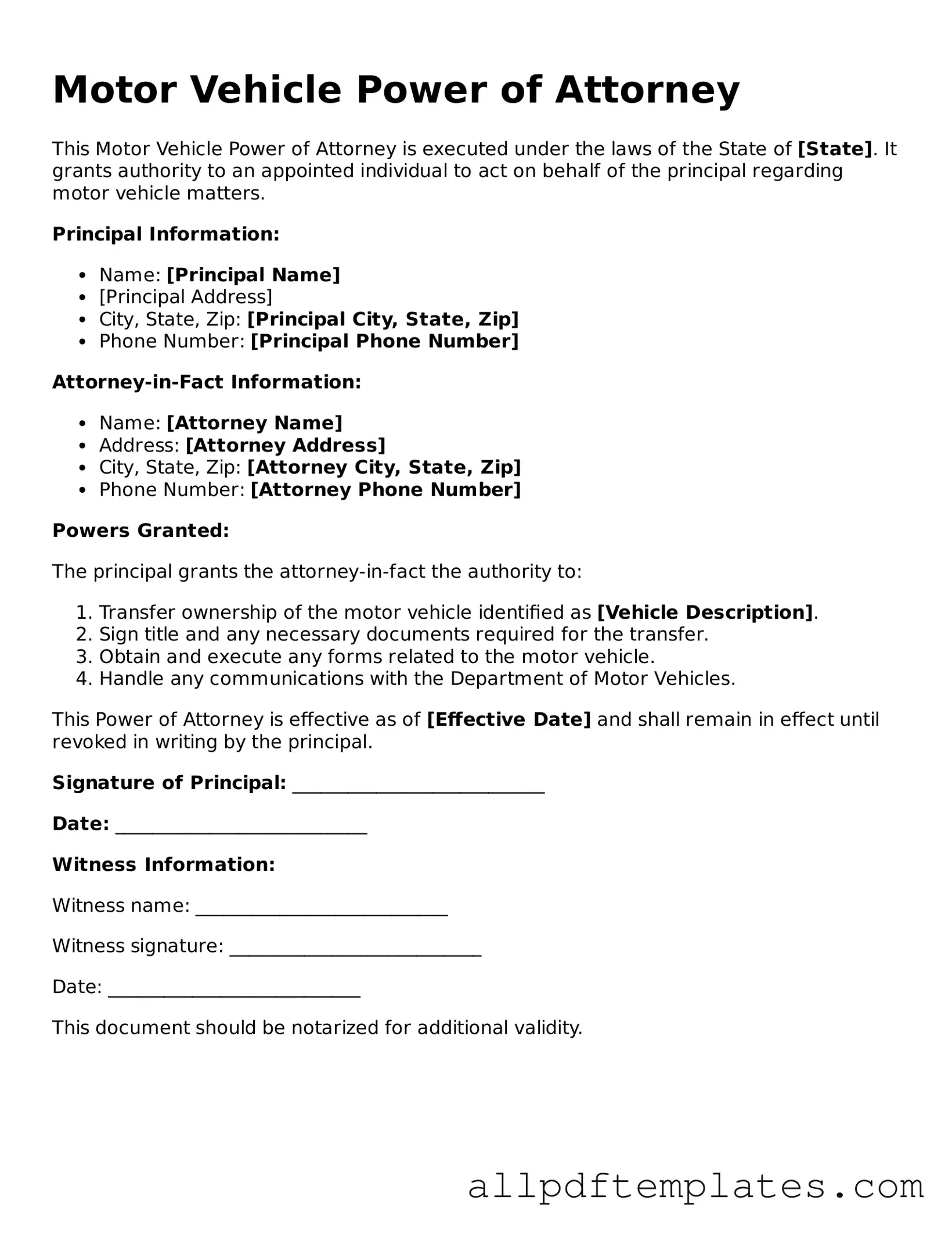Free Motor Vehicle Power of Attorney Template