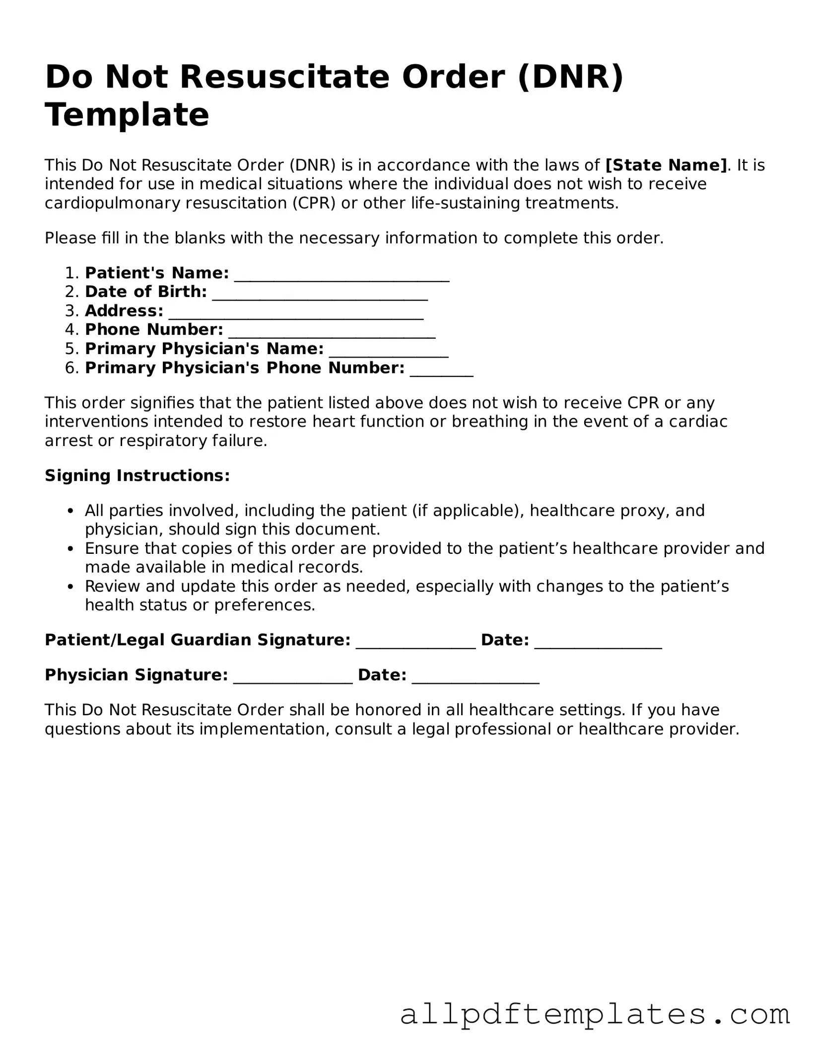 Free Do Not Resuscitate Order Template