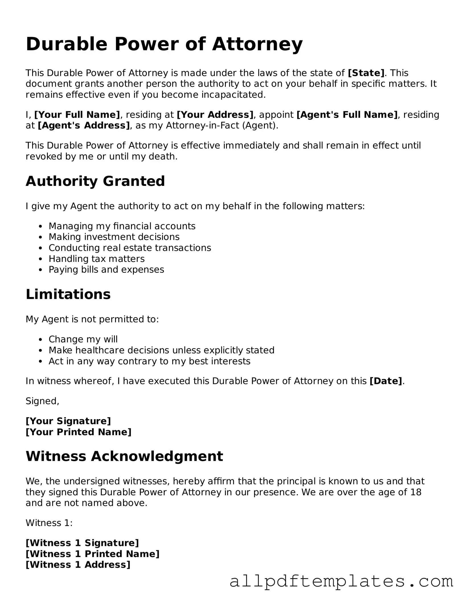Free Durable Power of Attorney Template