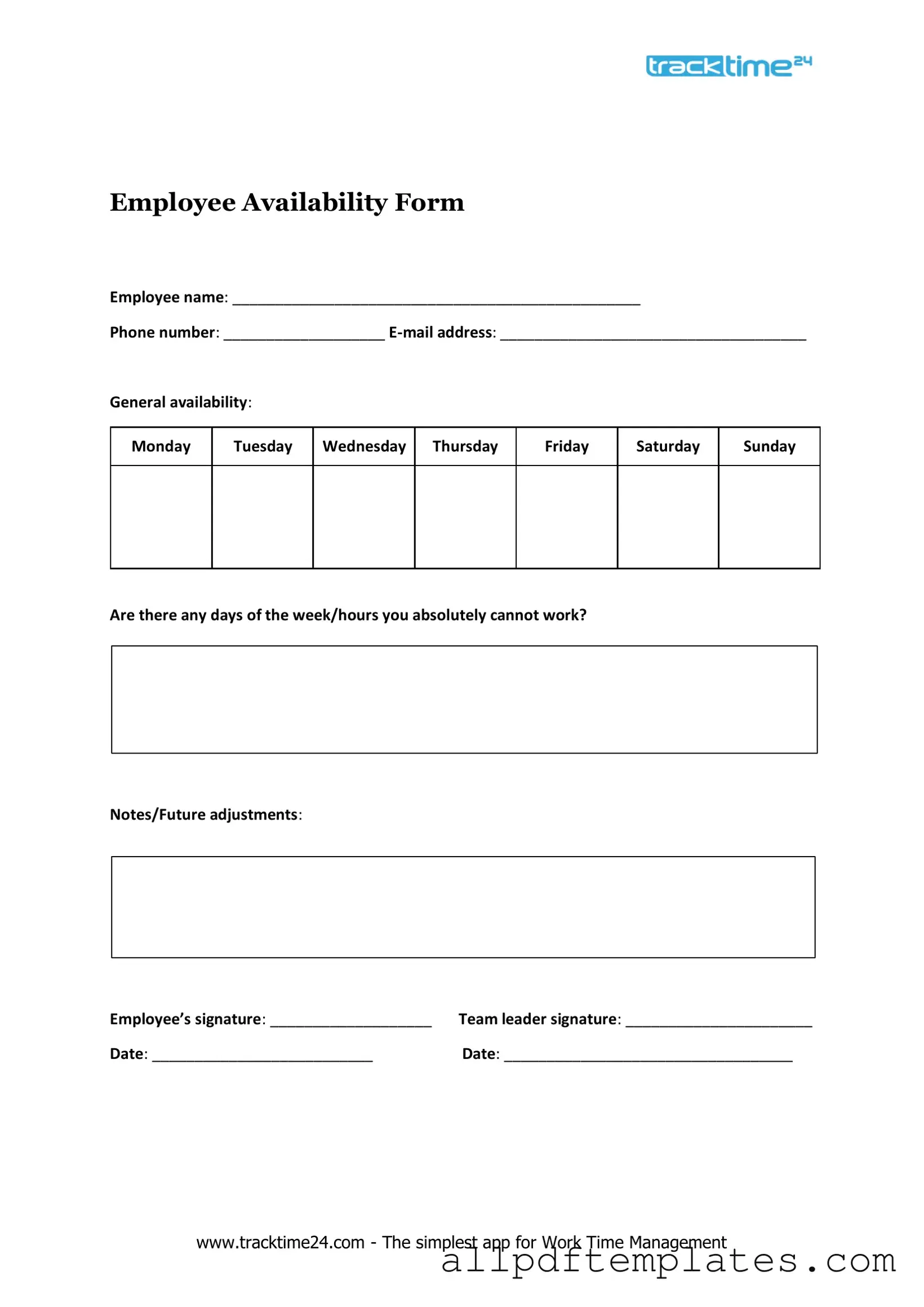 Get Employee Availability Form in PDF