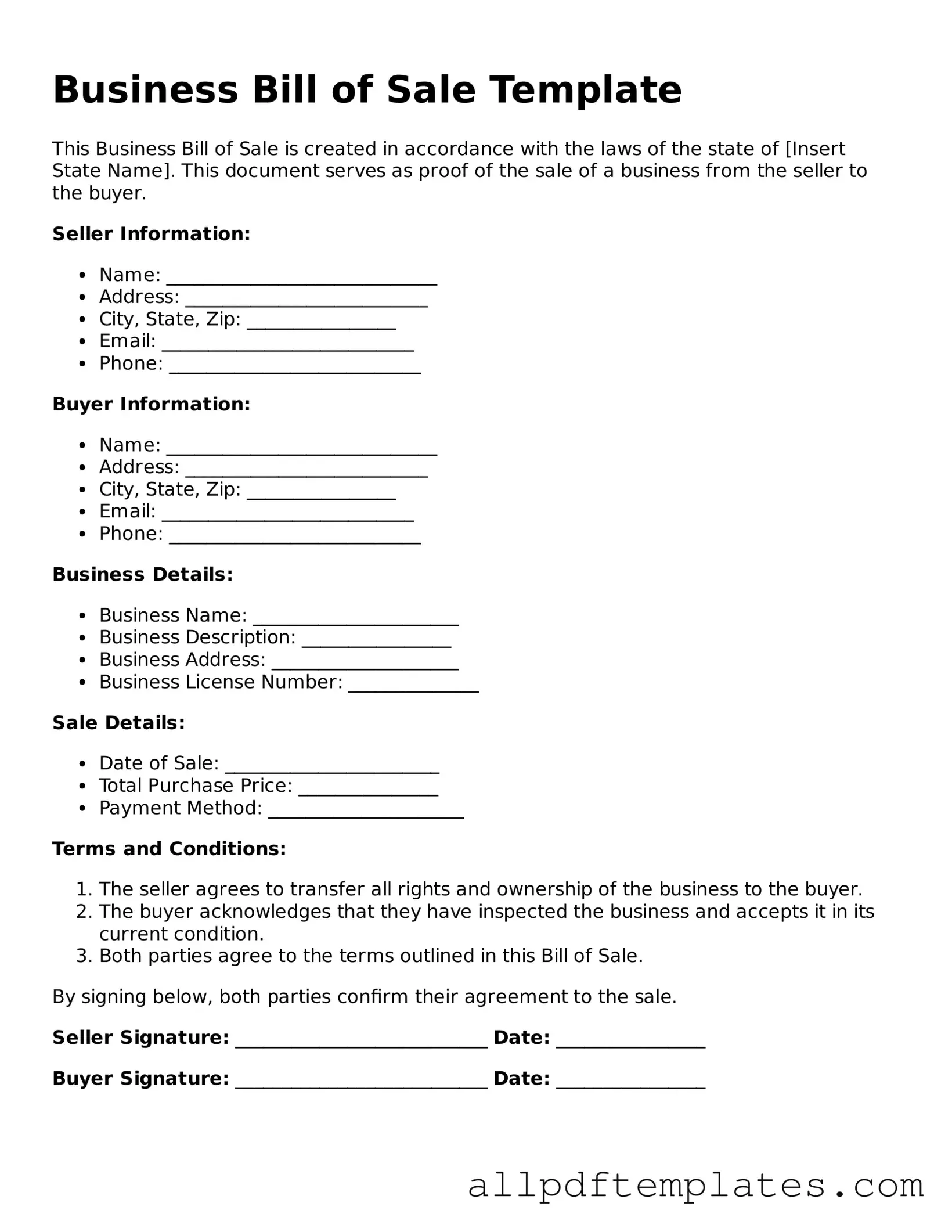 Free Business Bill of Sale Template