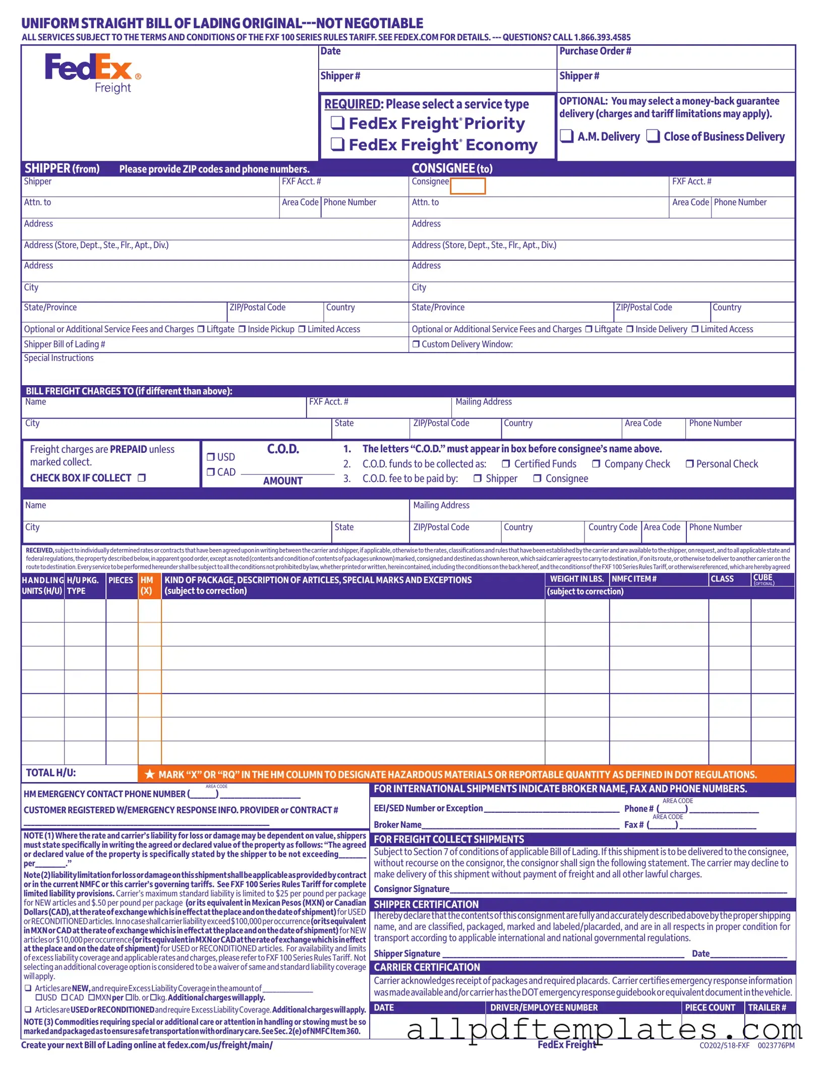 Get Fedex Bill Of Lading Form in PDF