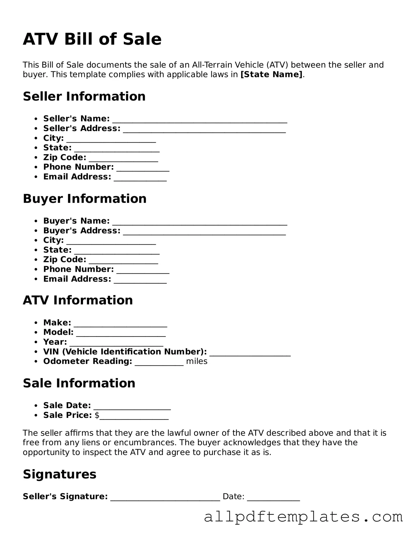 Free ATV Bill of Sale Template