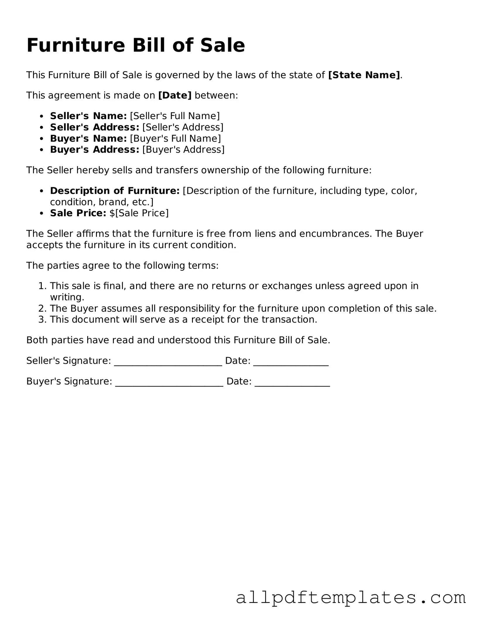 Free Furniture Bill of Sale Template