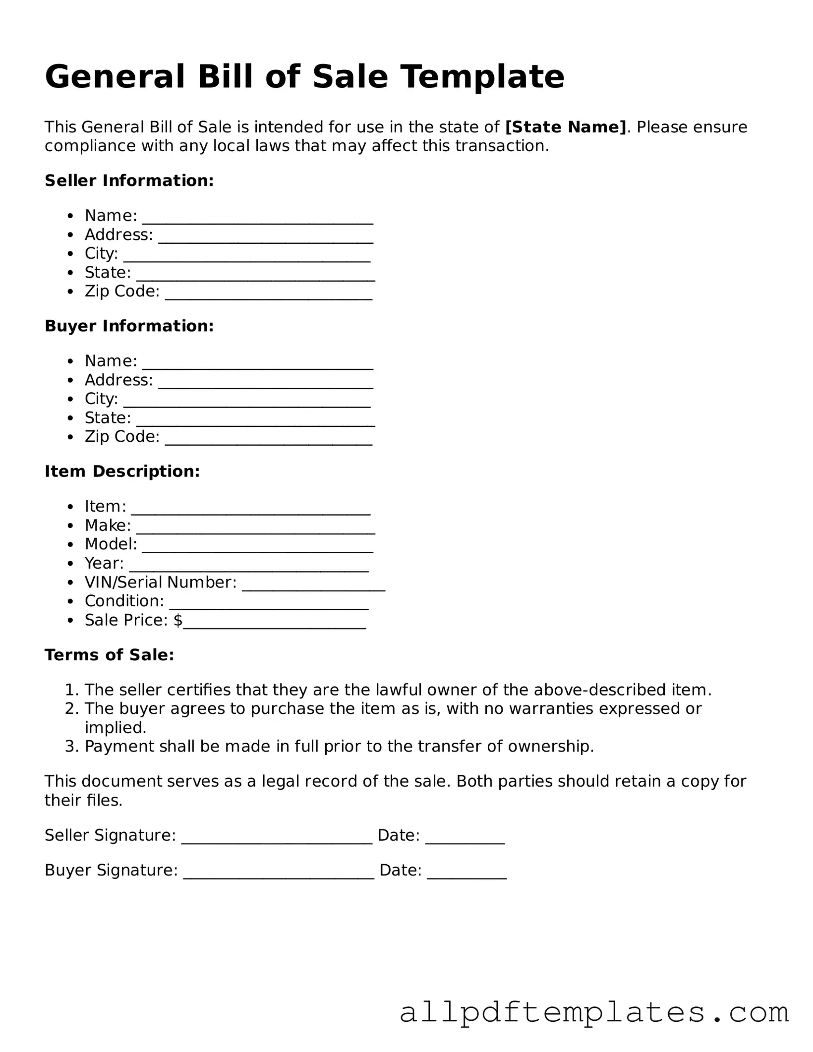 Free General Bill of Sale Template
