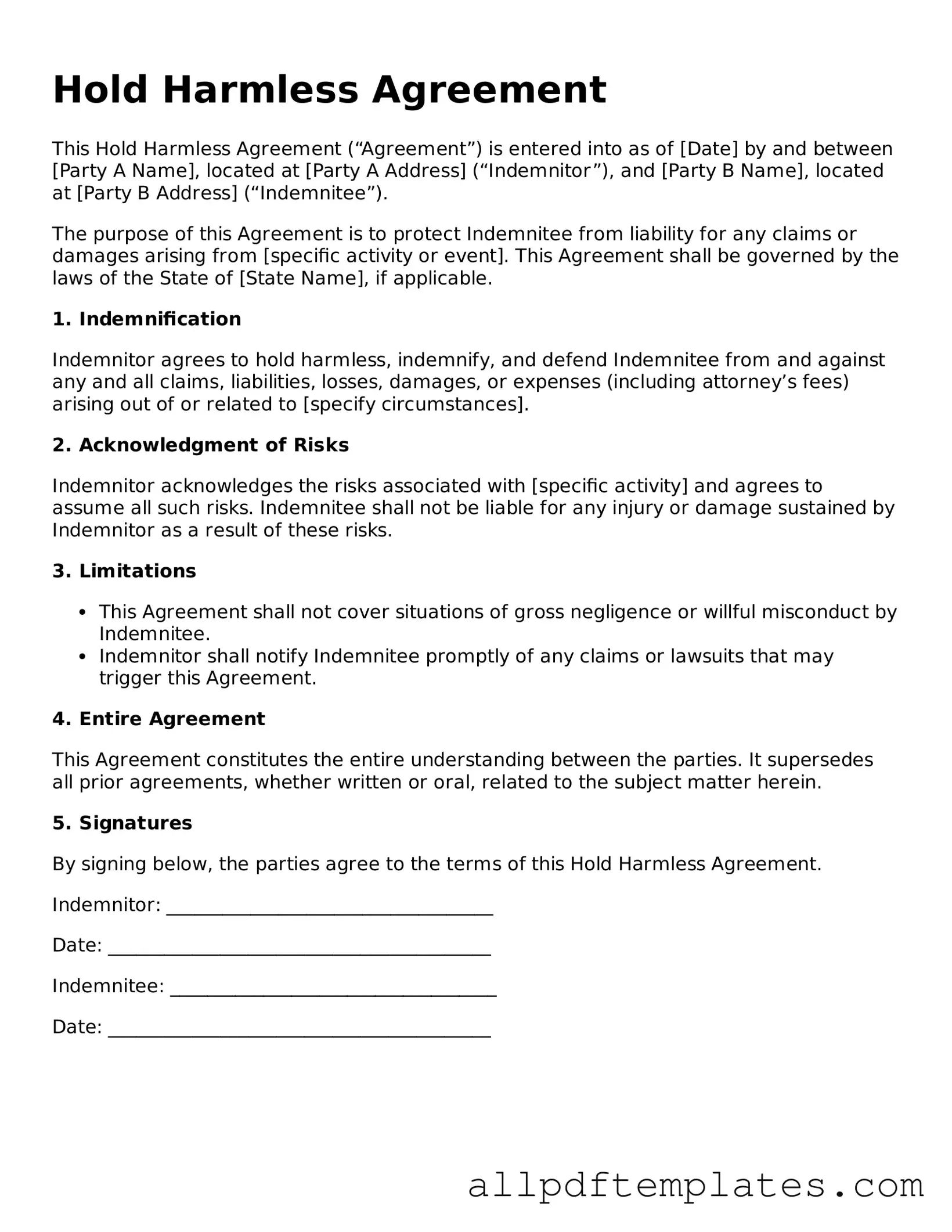 Free Hold Harmless Agreement Template