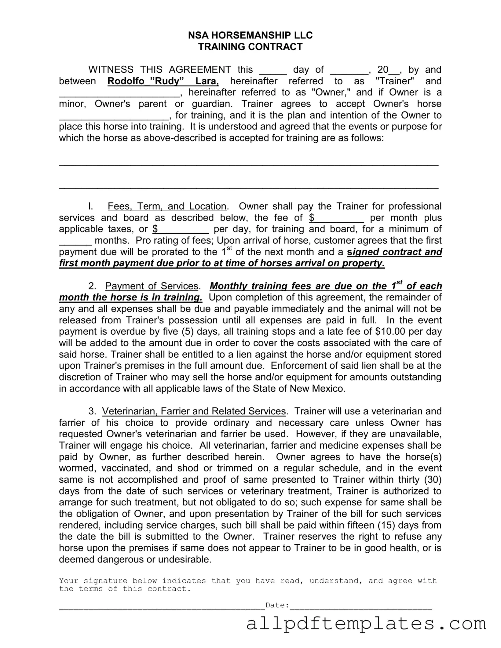 Get Horse Training Contract Form in PDF