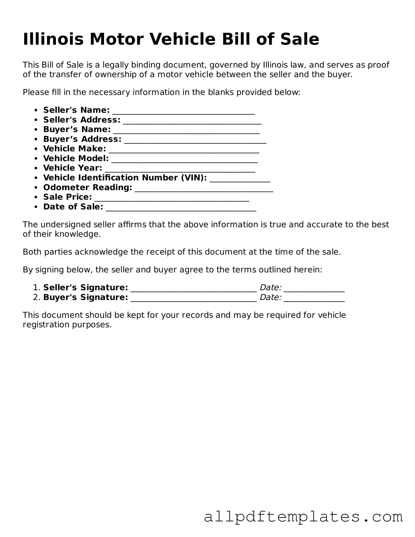 Blank Motor Vehicle Bill of Sale Document for Illinois State