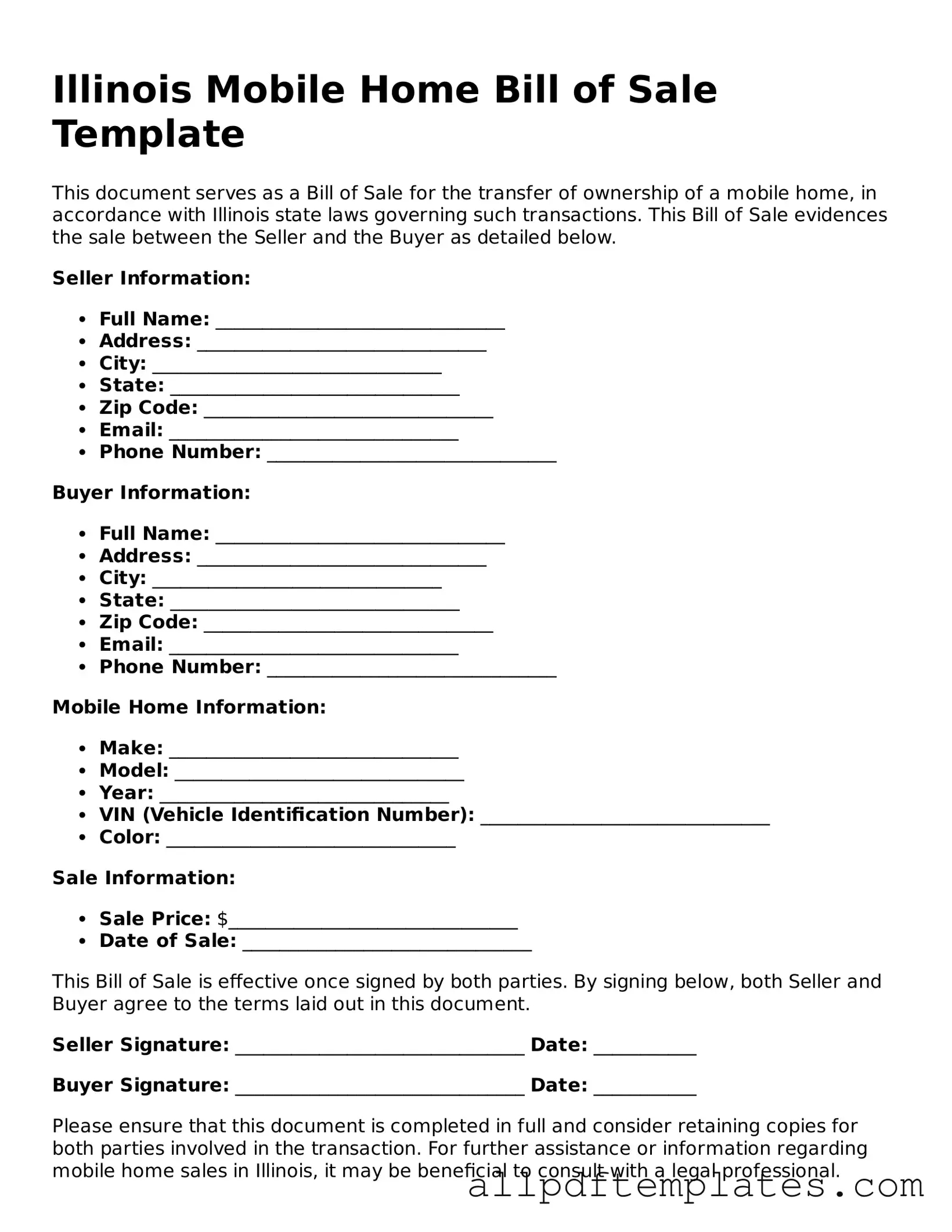 Blank Mobile Home Bill of Sale Document for Illinois State
