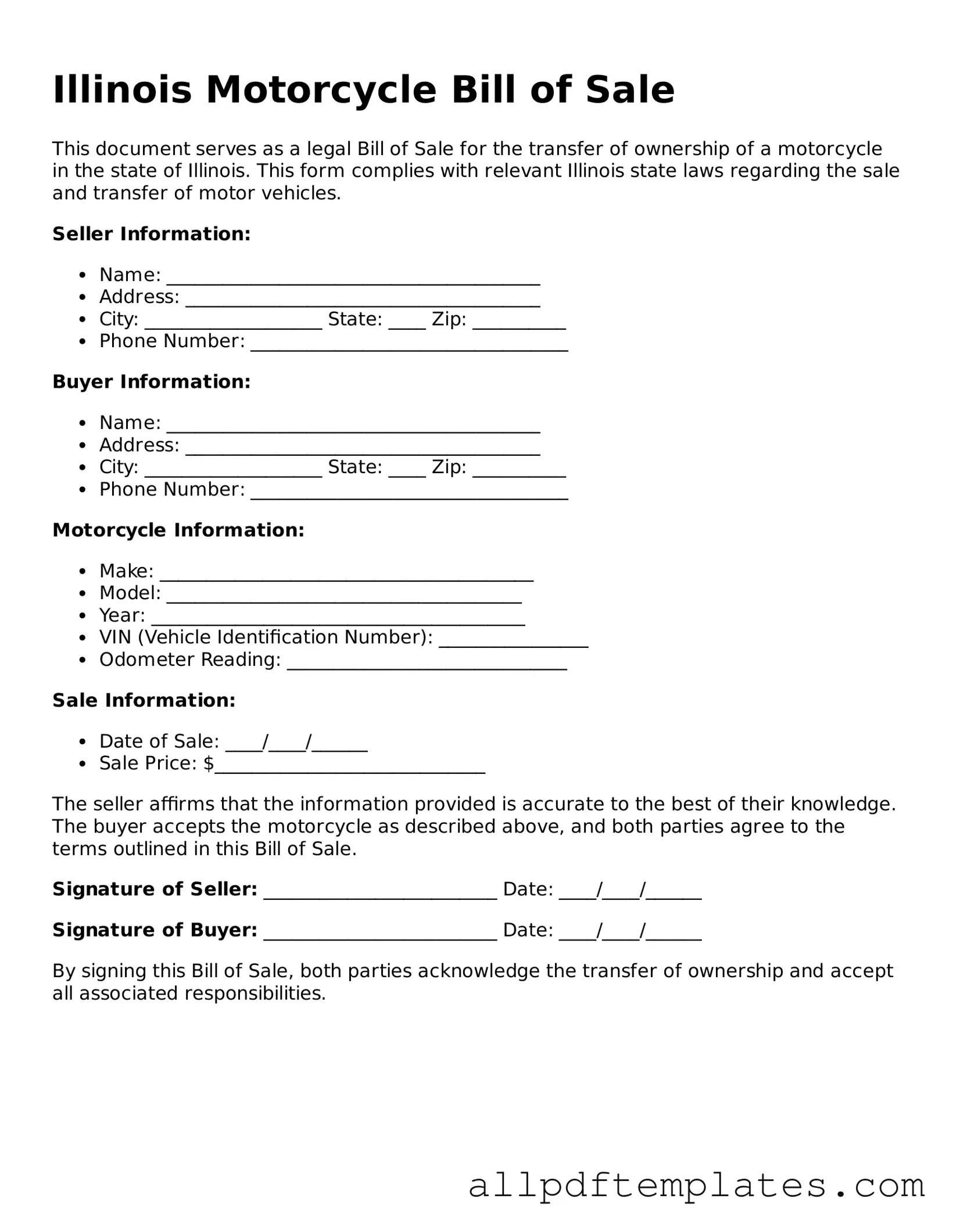 Blank Motorcycle Bill of Sale Document for Illinois State