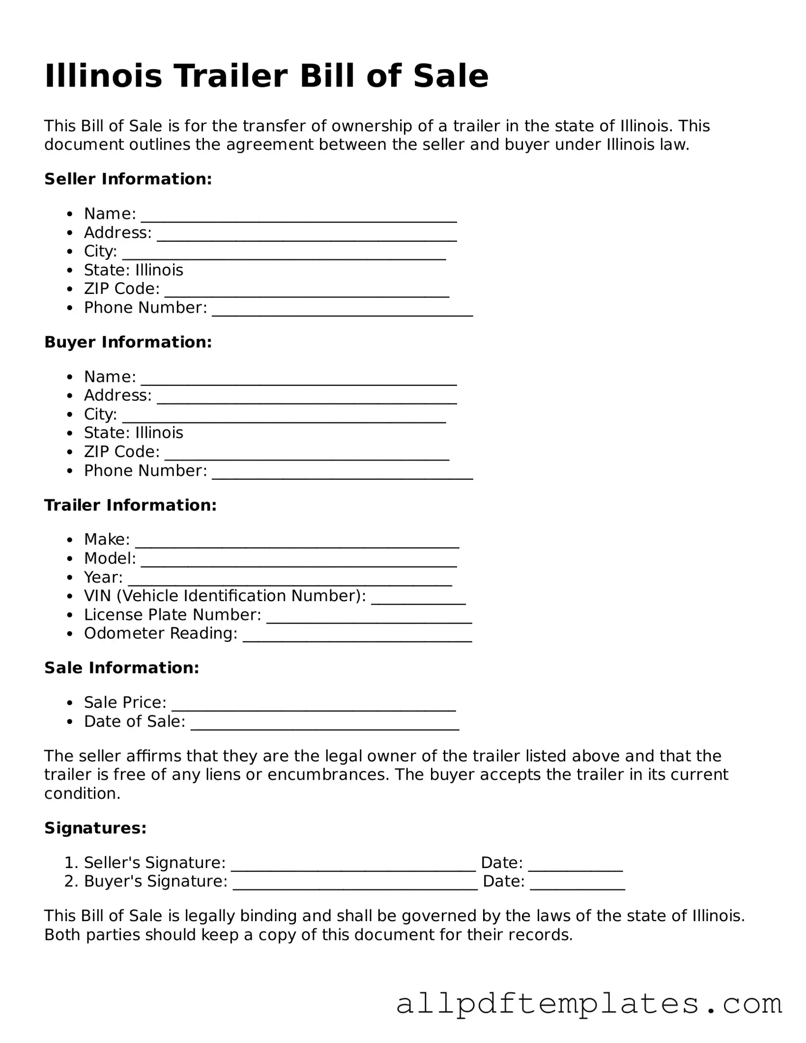 Blank Trailer Bill of Sale Document for Illinois State