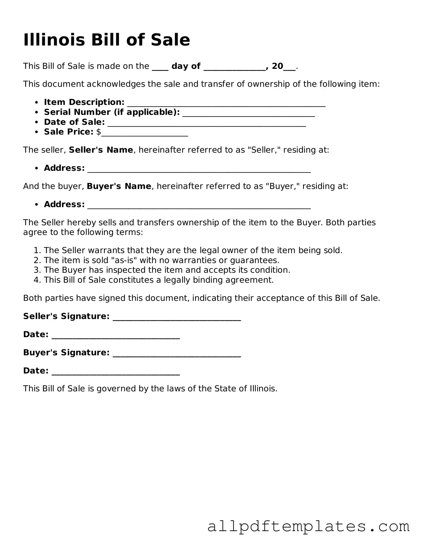 Blank Bill of Sale Document for Illinois State
