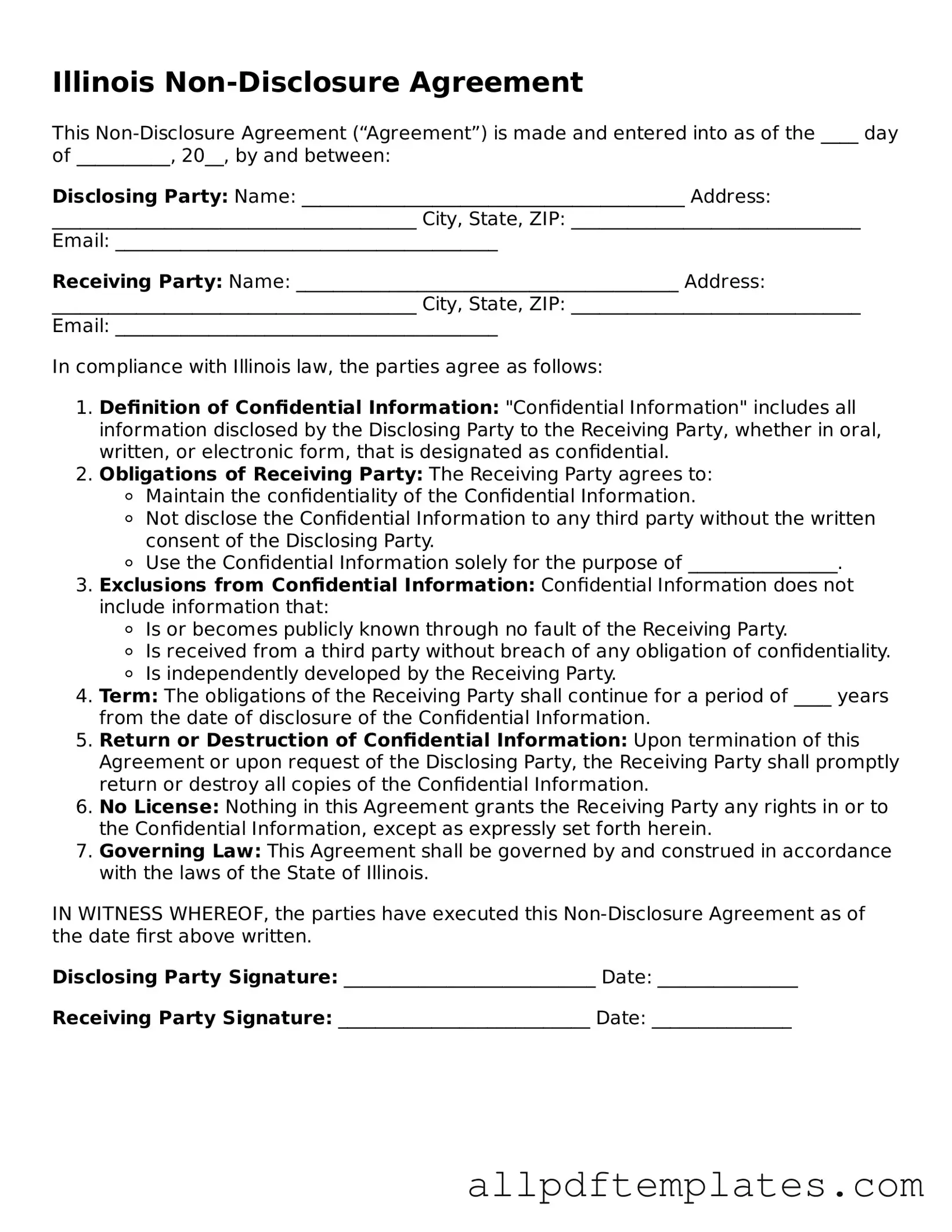 Blank Non-disclosure Agreement Document for Illinois State