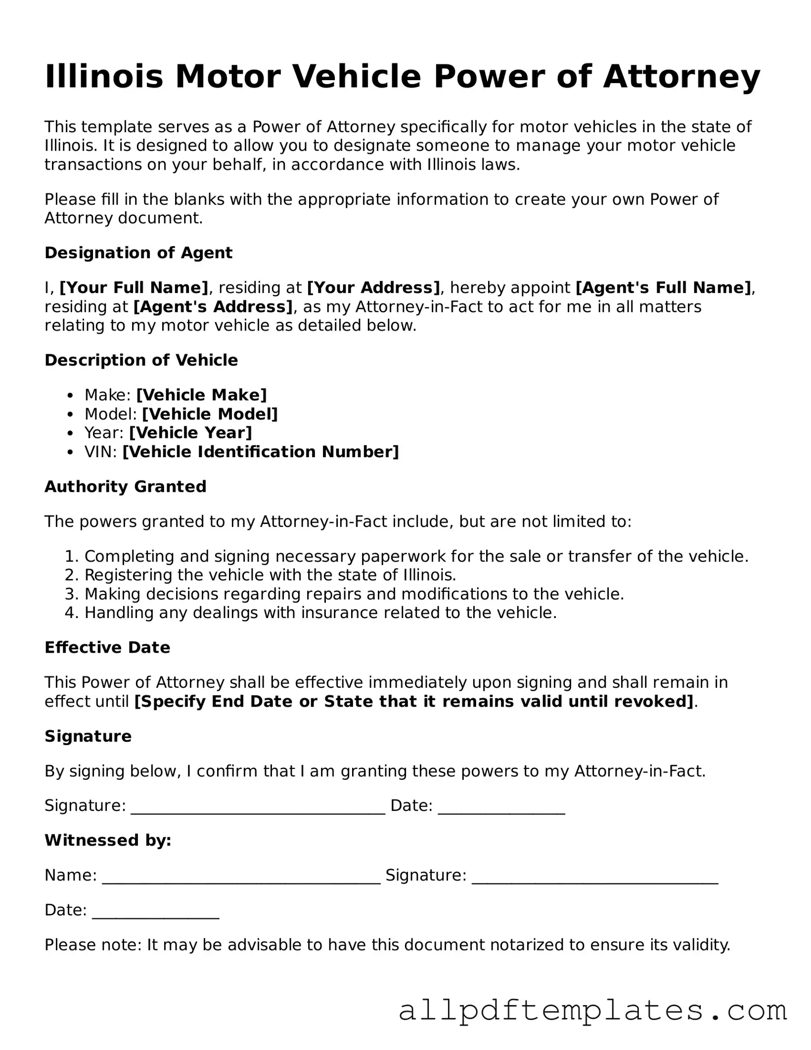 Blank Motor Vehicle Power of Attorney Document for Illinois State