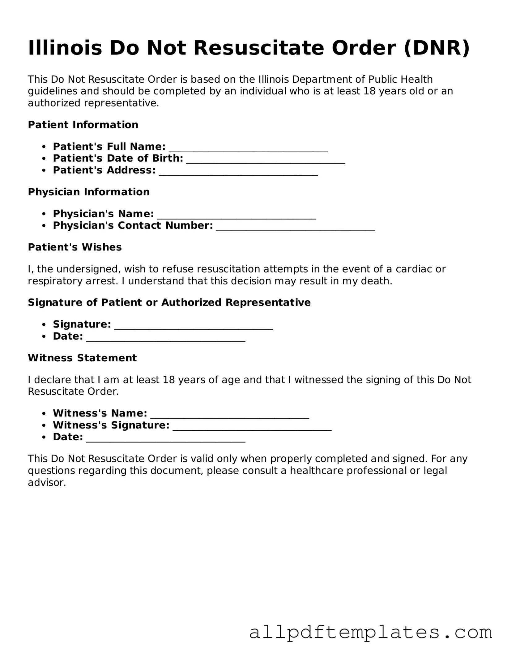 Blank Do Not Resuscitate Order Document for Illinois State