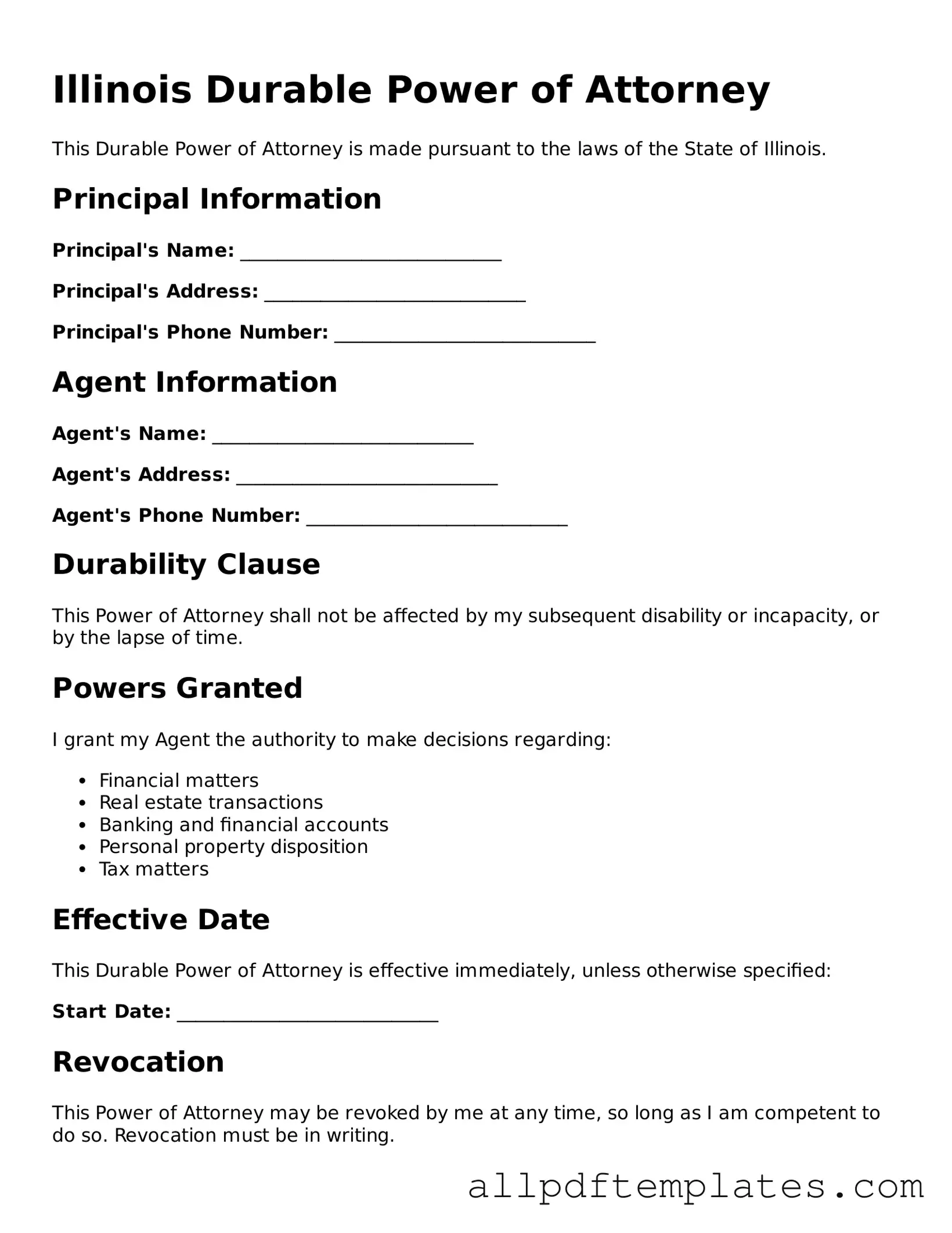 Blank Durable Power of Attorney Document for Illinois State