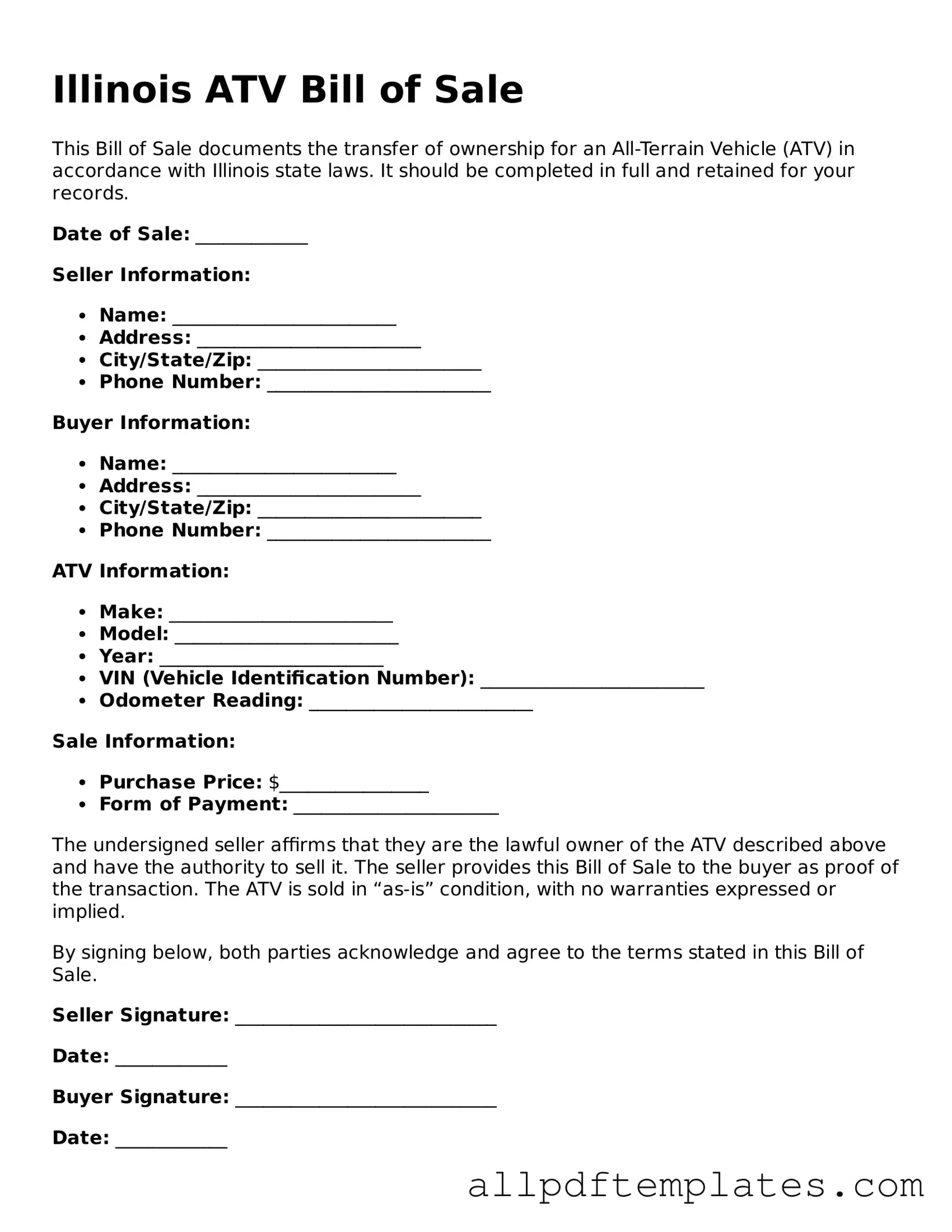 Blank ATV Bill of Sale Document for Illinois State