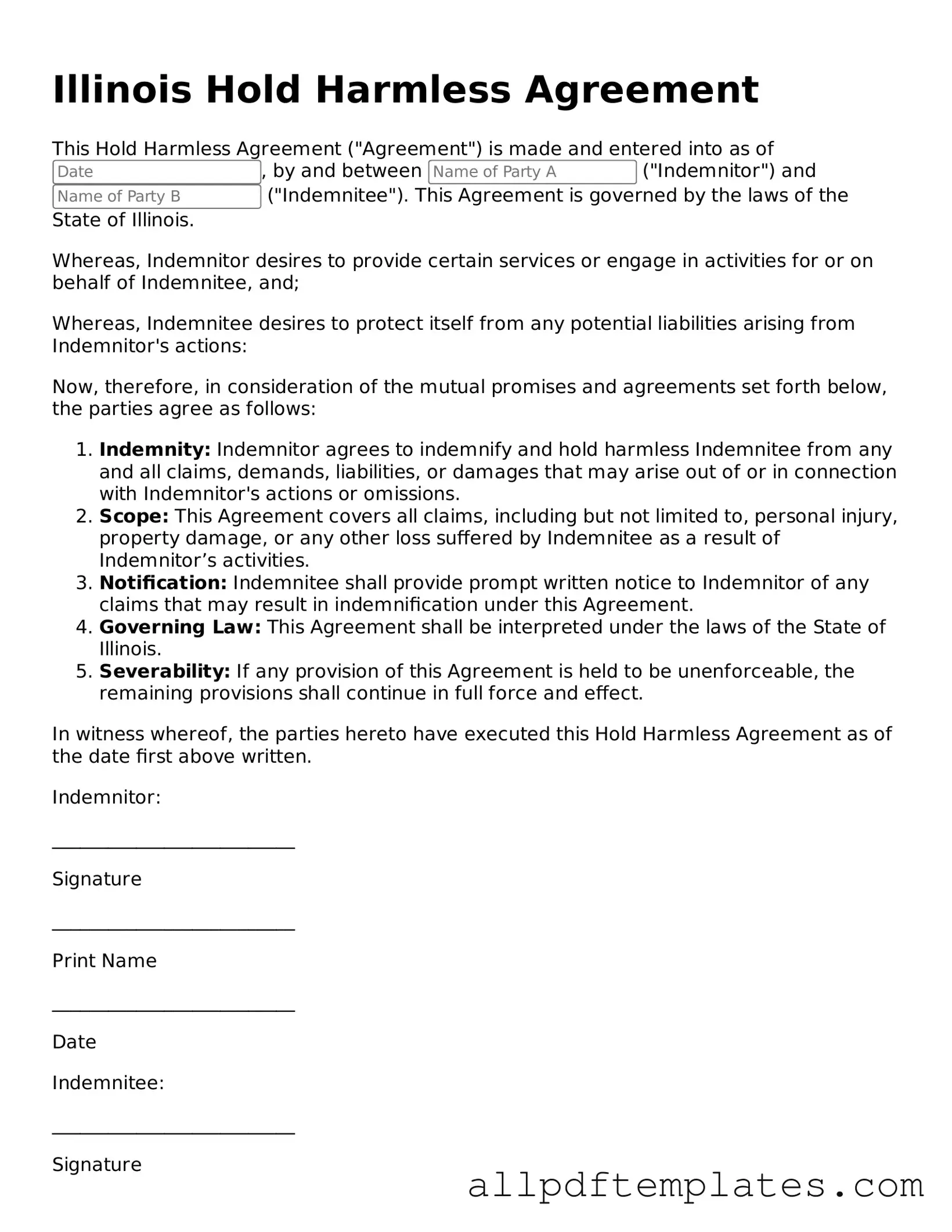Blank Hold Harmless Agreement Document for Illinois State