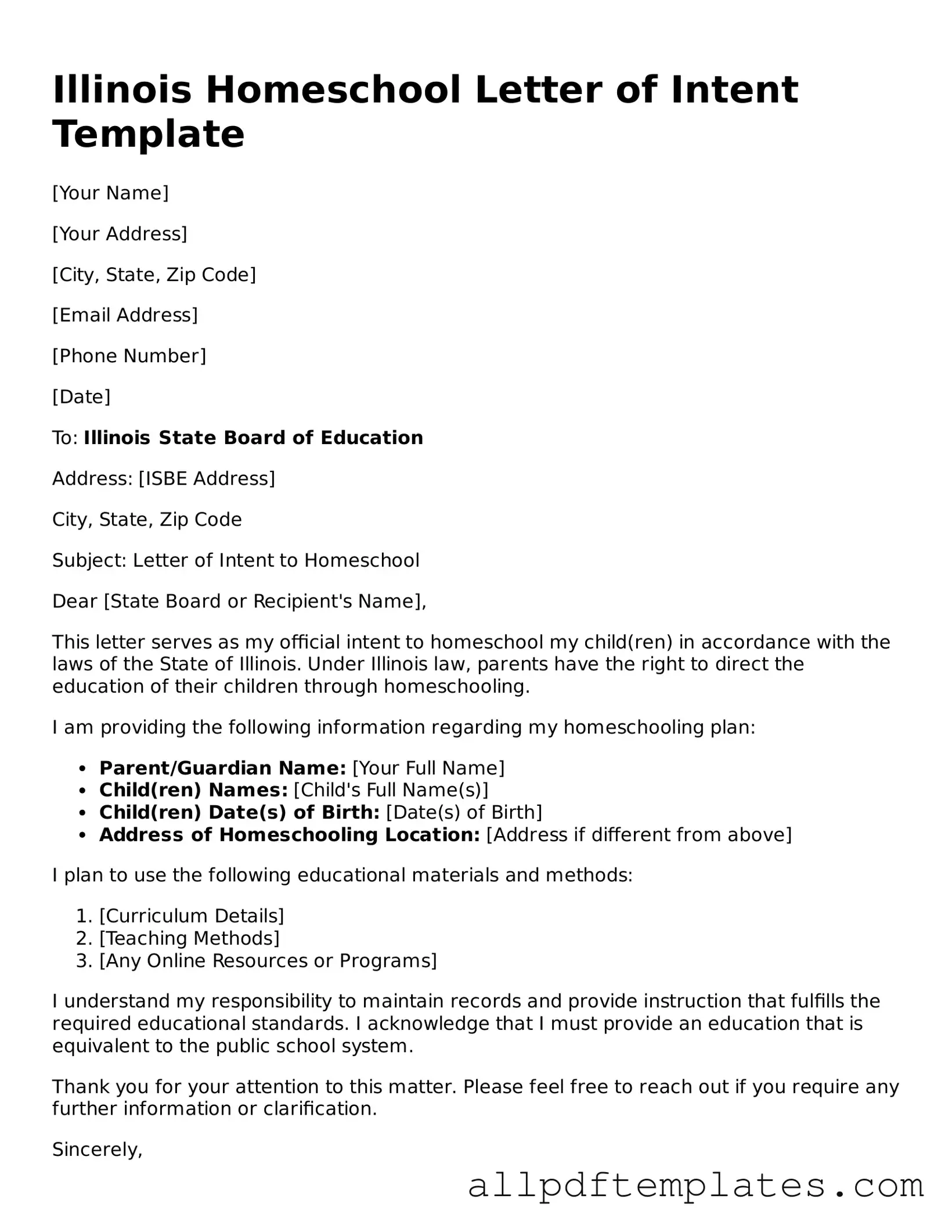 Blank Homeschool Letter of Intent Document for Illinois State