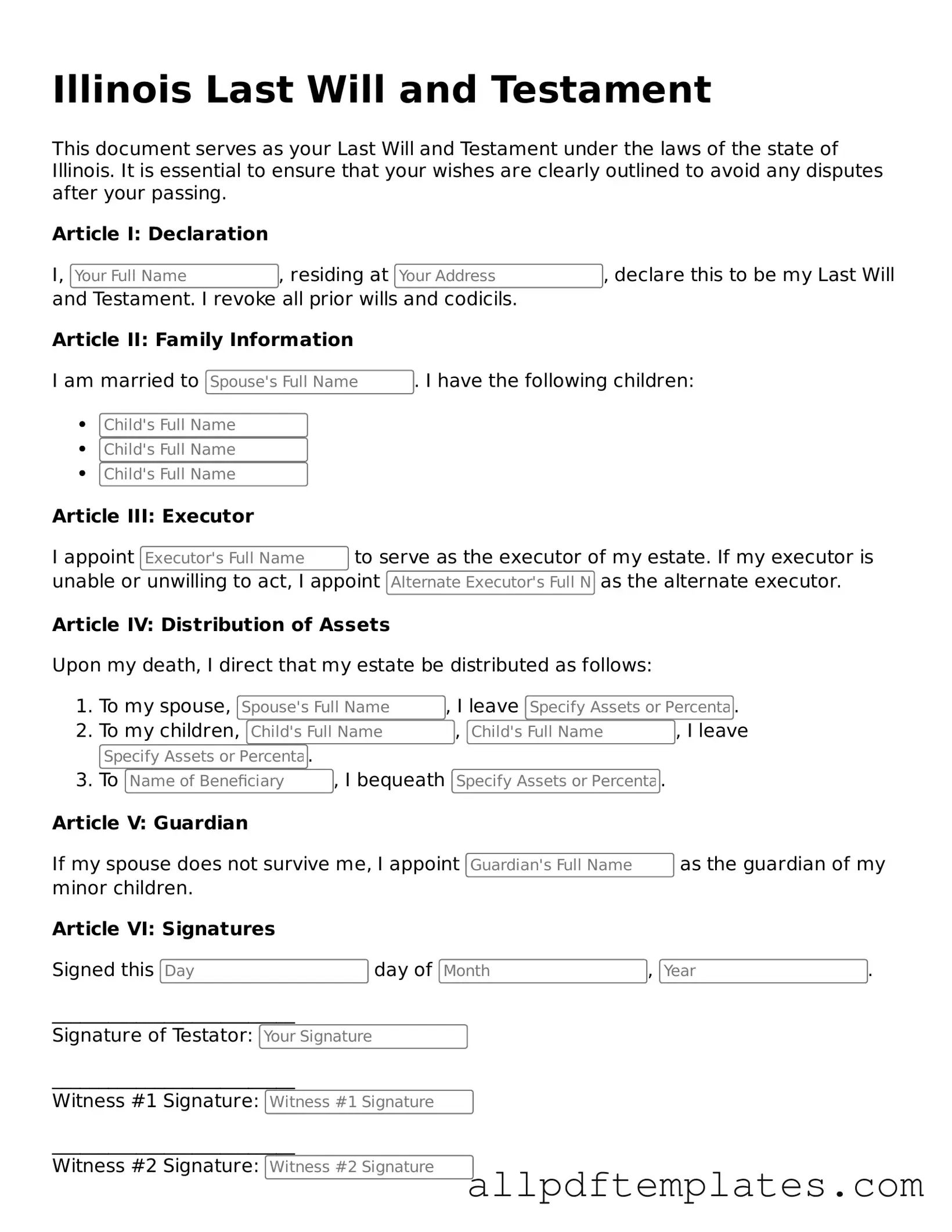 Blank Last Will and Testament Document for Illinois State