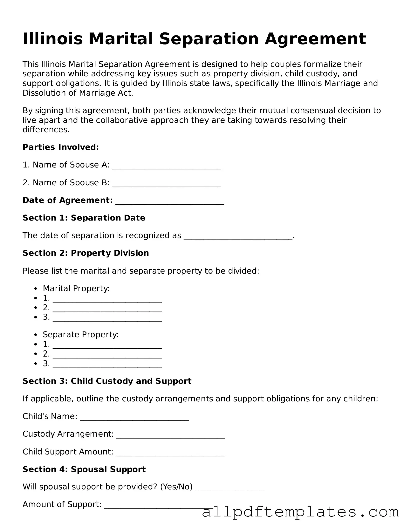 Blank Marital Separation Agreement Document for Illinois State