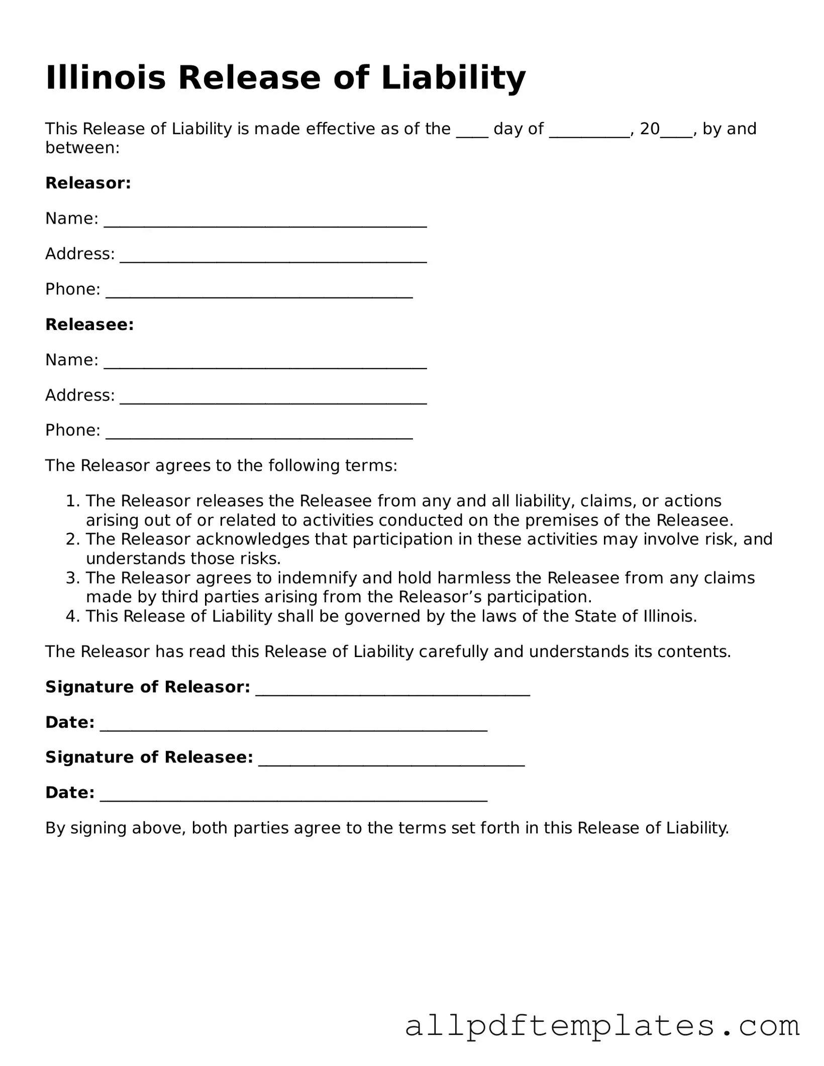 Blank Release of Liability Document for Illinois State