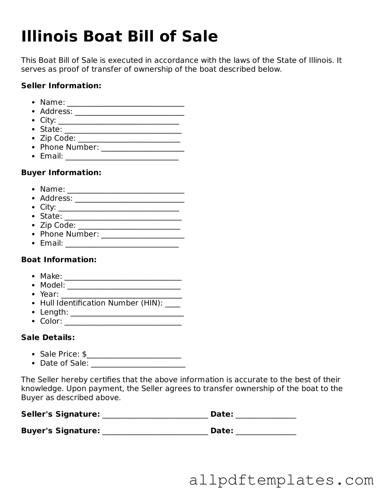 Blank Boat Bill of Sale Document for Illinois State