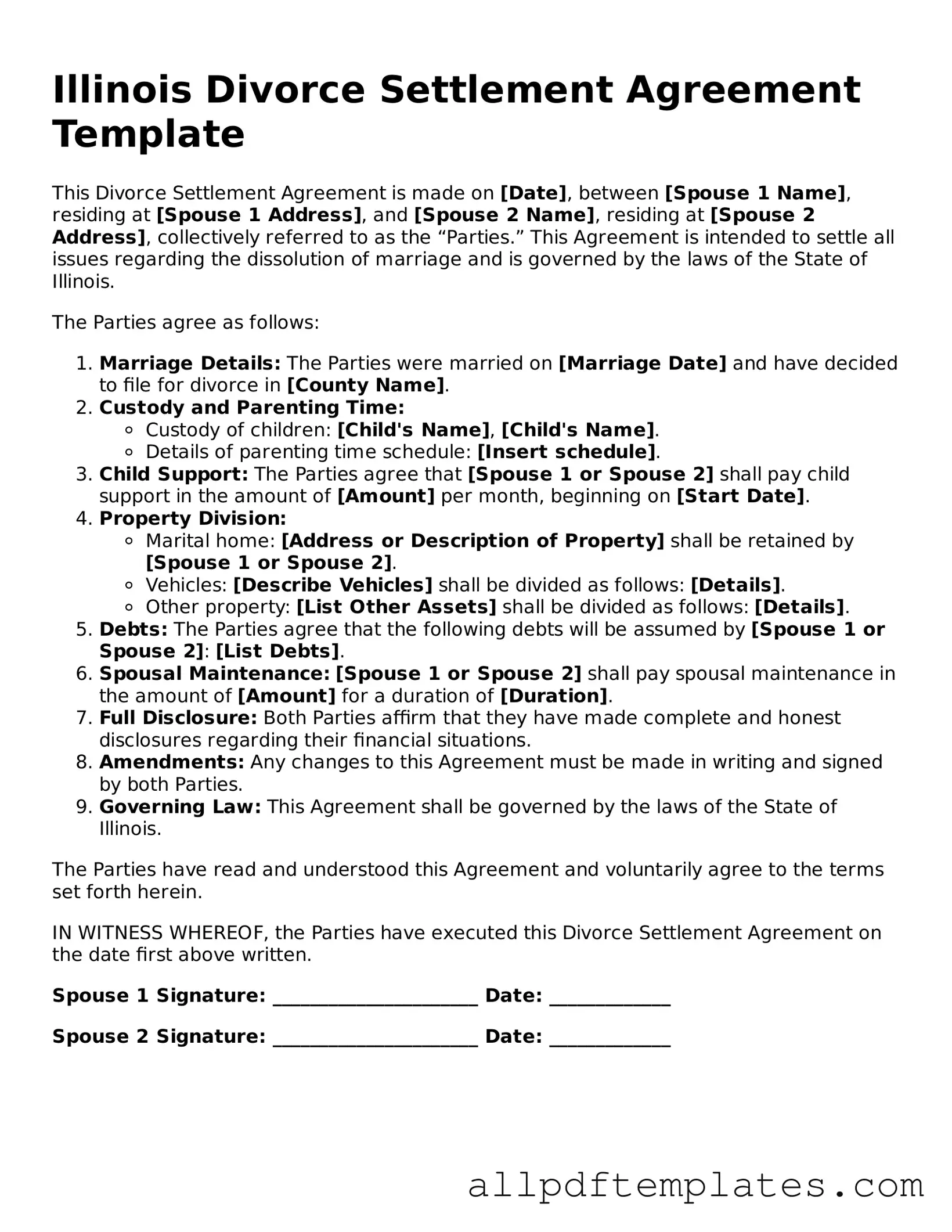 Blank Divorce Settlement Agreement Document for Illinois State