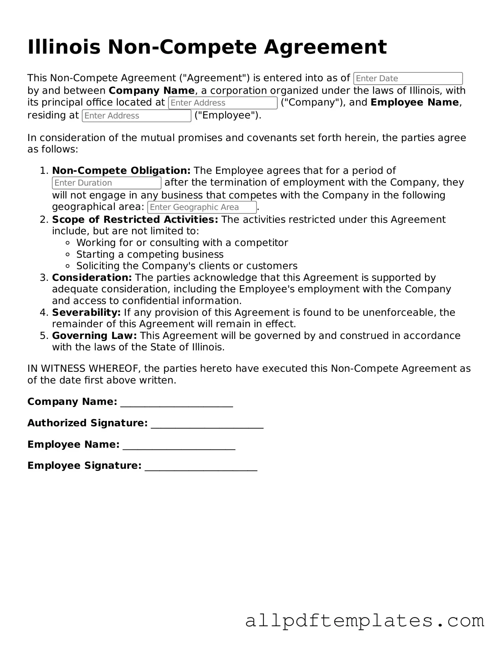 Blank Non-compete Agreement Document for Illinois State
